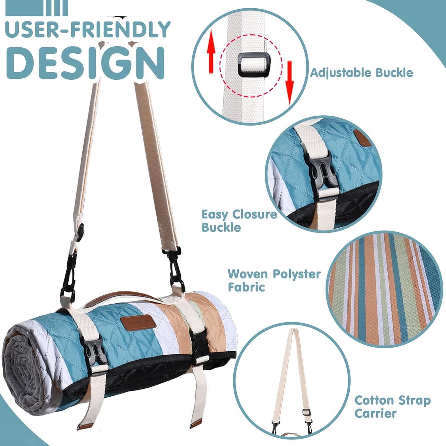 Waterproof Picnic Blanket 80" x 60" in Portable with Carry Strap for Beach Mat or Family Outdoor Camping Party, Park Blanket for Grass Park, Hiking, Travel, Concerts (Crystal Blue & Orange, 80" x 60")