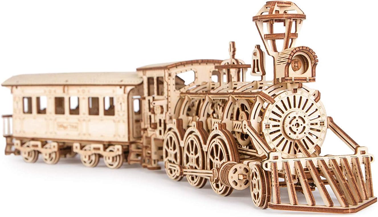Wood Trick Wooden Toy Train Set with Railway - 34x7″ - Locomotive Train Toy Mechanical Model Kit - 3D Wooden Puzzles for Adults and Kids to Build - Engineering DIY Models for Adults to Build