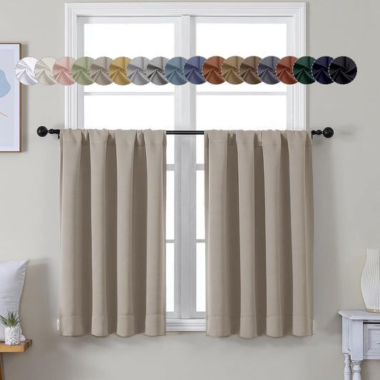 Simplebrand Ava Stone Short 36 Inches Blackout Curtain 2 Panels Set, Half Window Rod Pocket Privacy Curtain Tiers for Kitchen, Curtains Blackout for Bathroom Shades, W40 x L36 Inch, Stone