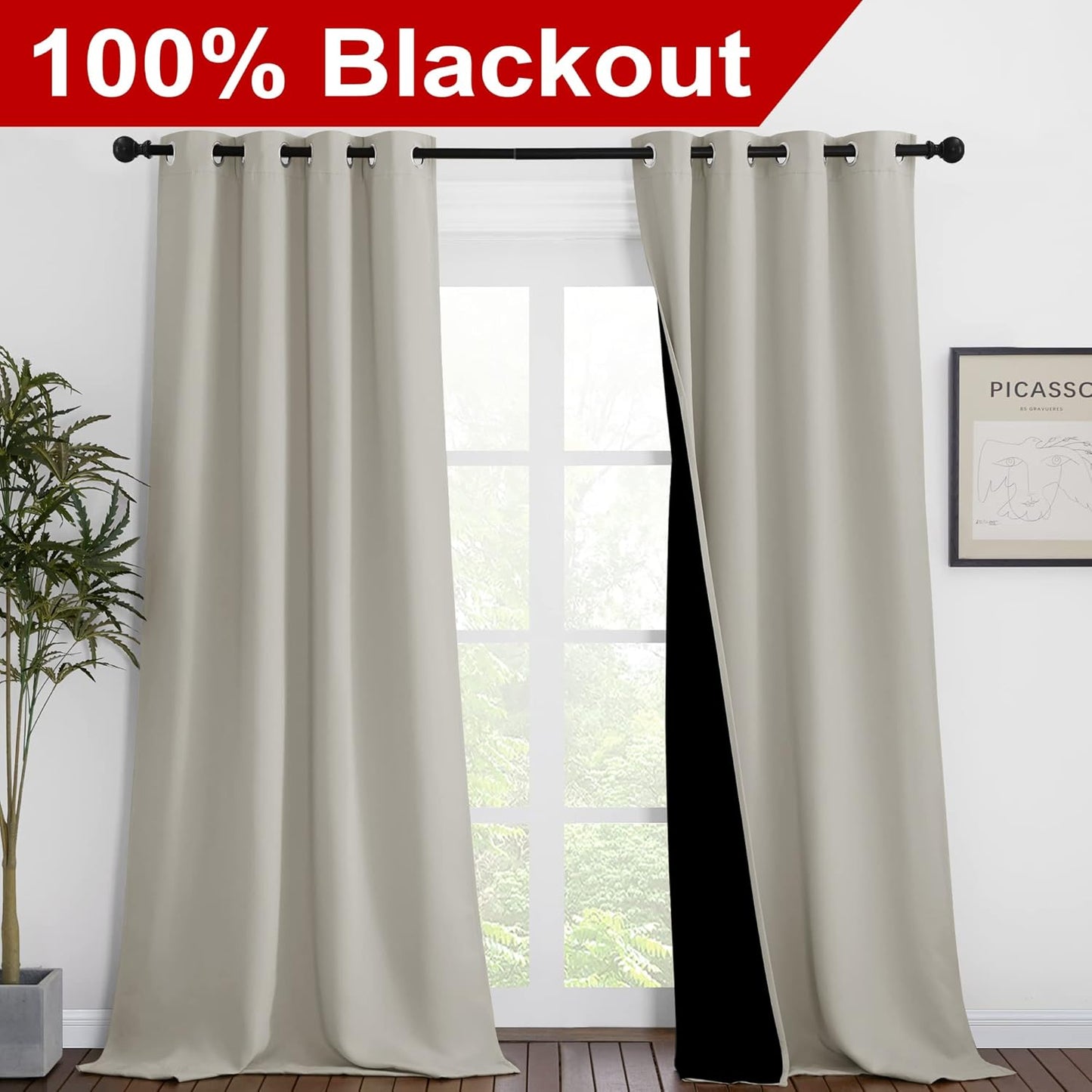 NICETOWN Natural Blackout Curtains 90 inches Long, Full Light Blocking Drapes with Black Liner for Nursery, Thermal Insulated Draperies for Hall, Villa (2 Pieces, 46" Wide Each Panel)