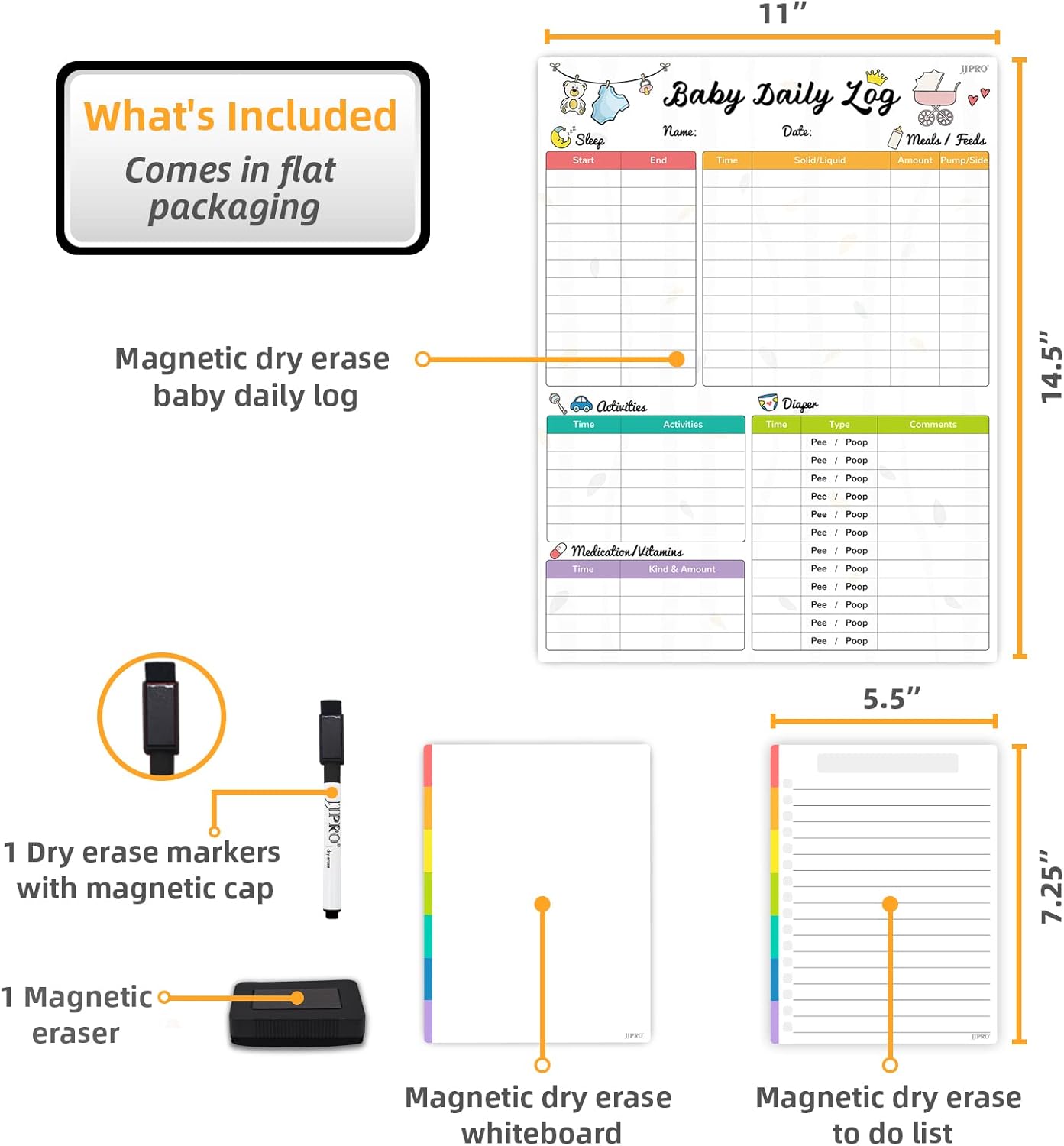 Newborn Baby or Toddler Log Tracker Whiteboard - Reusable Daily Planner Chart to Log Feeding Food, Sleep&Naps, Diaper Change and Daily Activities - for New Parents,Nanny, Babysitter