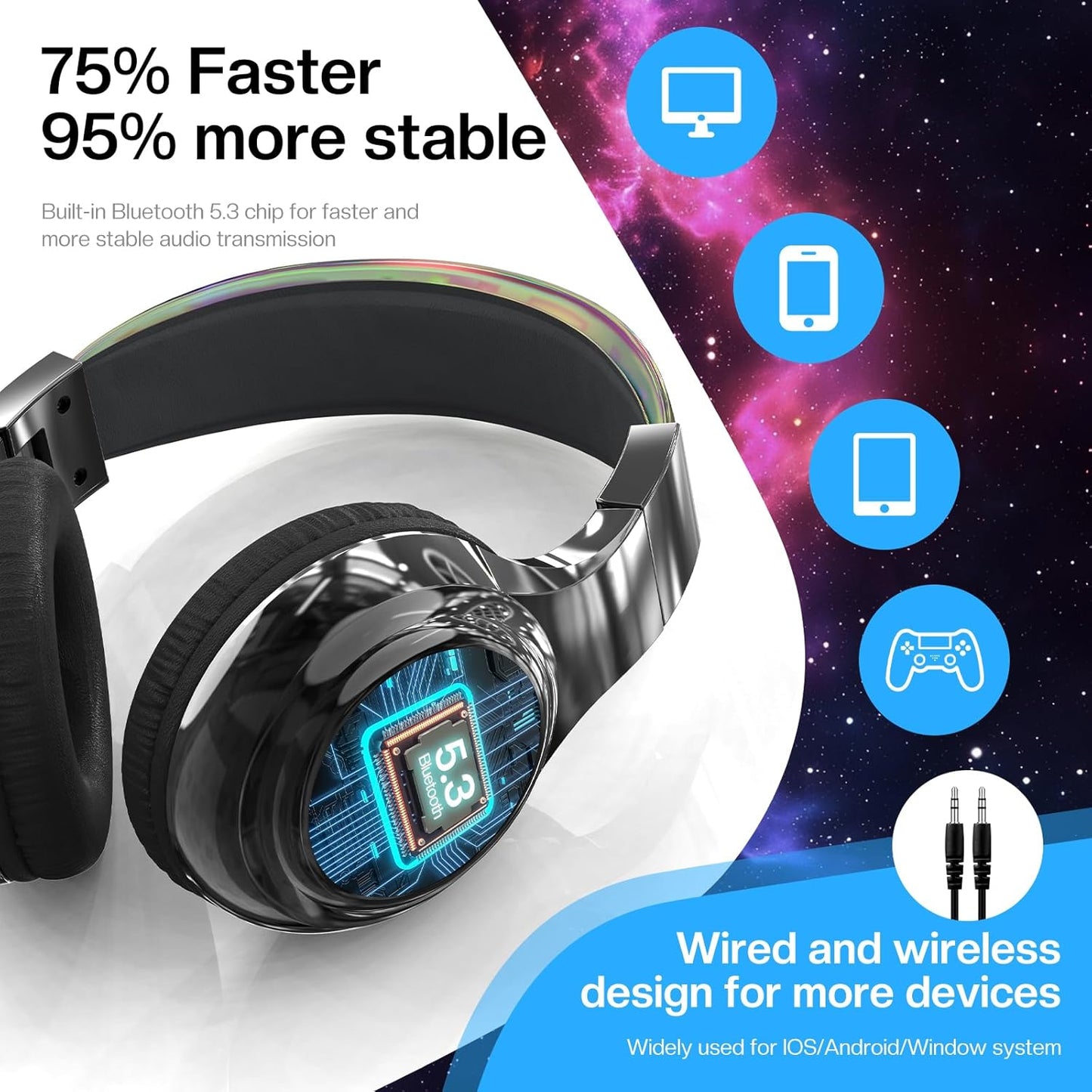 QearFun Kids Bluetooth 5.3 Headphones, Wireless Metallic Gradient Headset, Lightweight Foldable On Ear Headphones with Aux Cord, Fast Charging, Built-in Mic, for School/Travel/Tablet/iPad