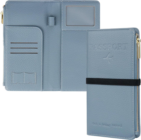 Travel Passport Wallet, RFID Blocking Passport Holder with Zipper, Passport Cover for Women Men, PU Leather Travel Document Organizer with Card Slots, Gift for Family Friends, Blue