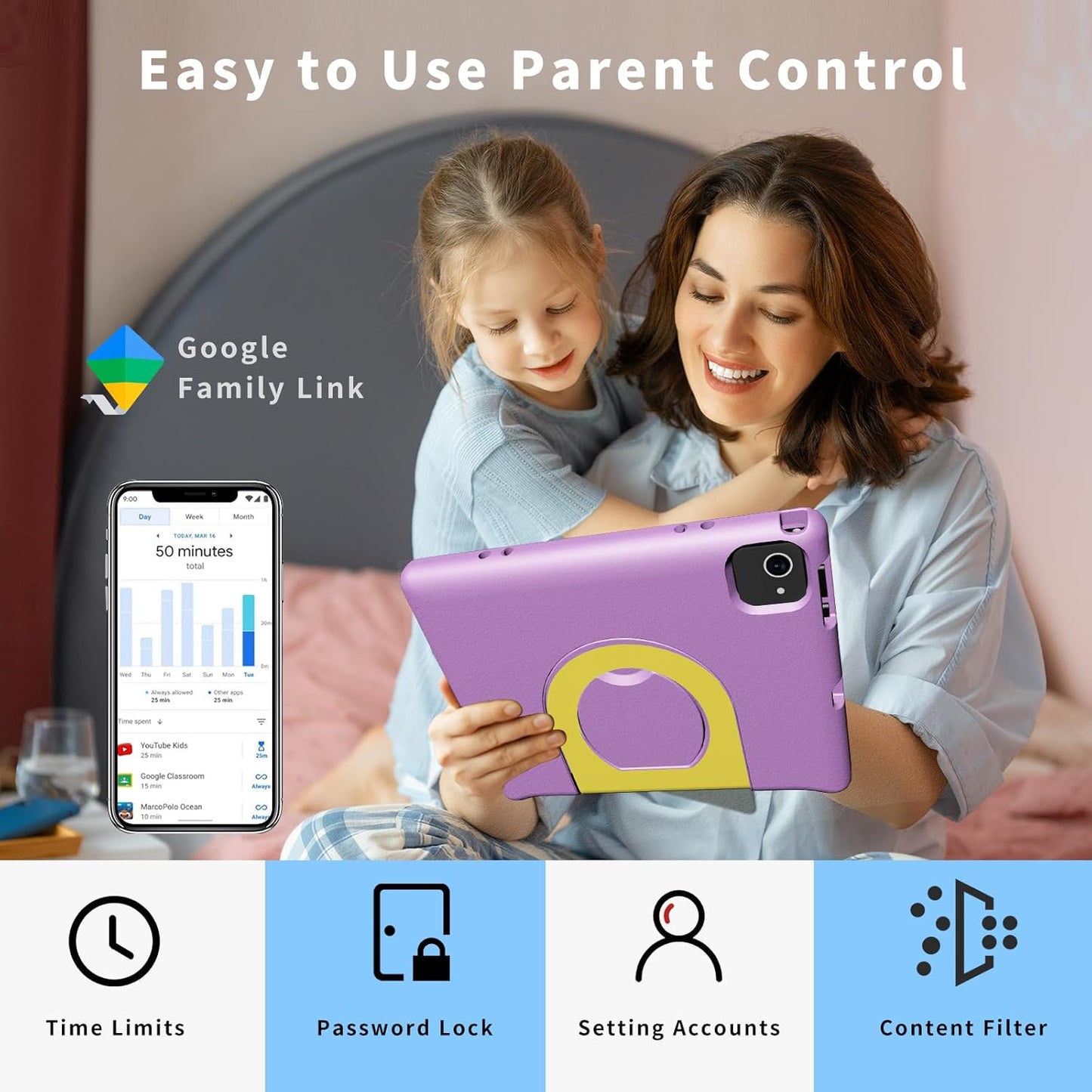 Kids Tablet with Strap, Android 14 Tablet for Kids 10 inch, Toddler Tablets Octa-Core 64GB 1TB Expandable, Children's Tablets with Case, Bluetooth WiFi Parental Control Dual