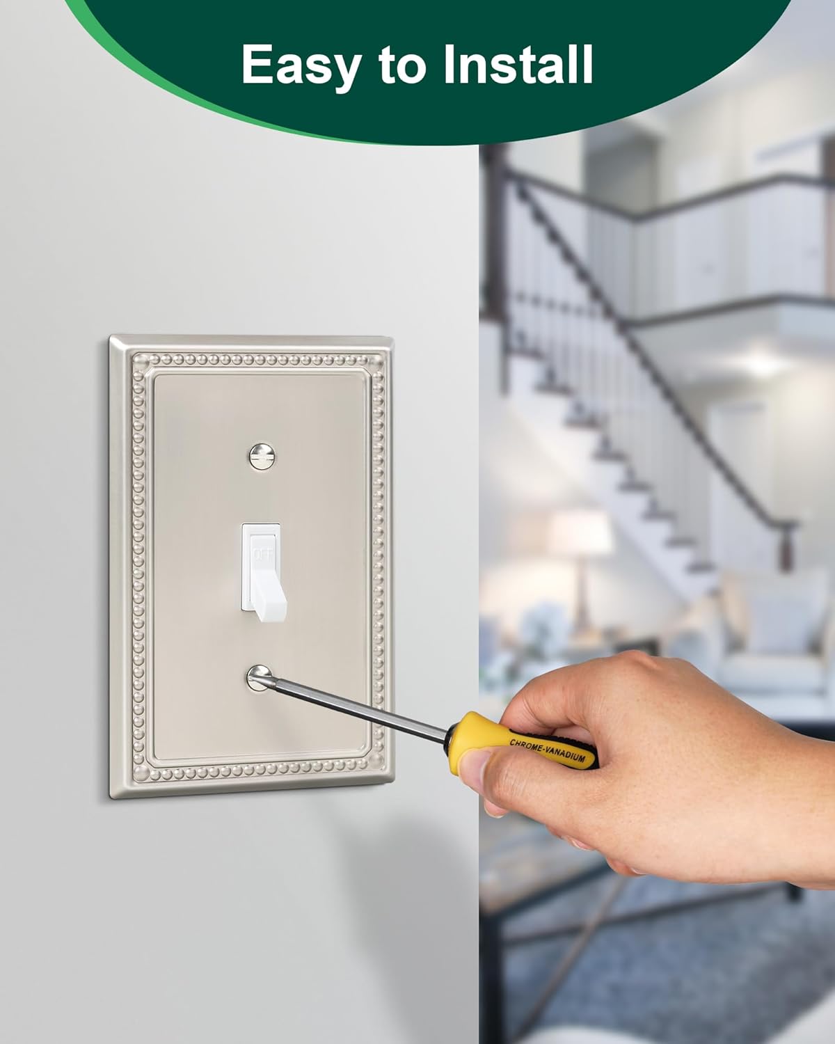 4-Pack Single Toggle Light Switch Cover Plate, Pearls Decorative Switch Plate Covers, Brushed Nickel 1 Gang Metal Wall Plate