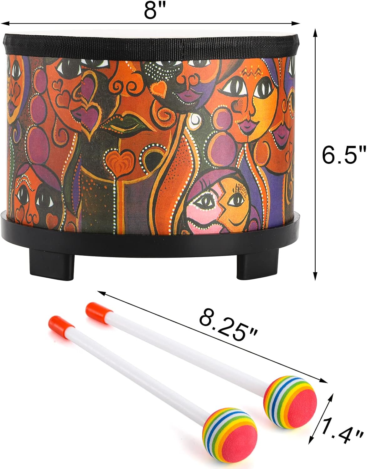 Tosnail 8 Inch Floor Tom Drum with Storage Bag and Mallets for Kids, Percussion Instrument Musical Toy for Children, Toddlers, Christmas Birthday Gift - Face Pattern