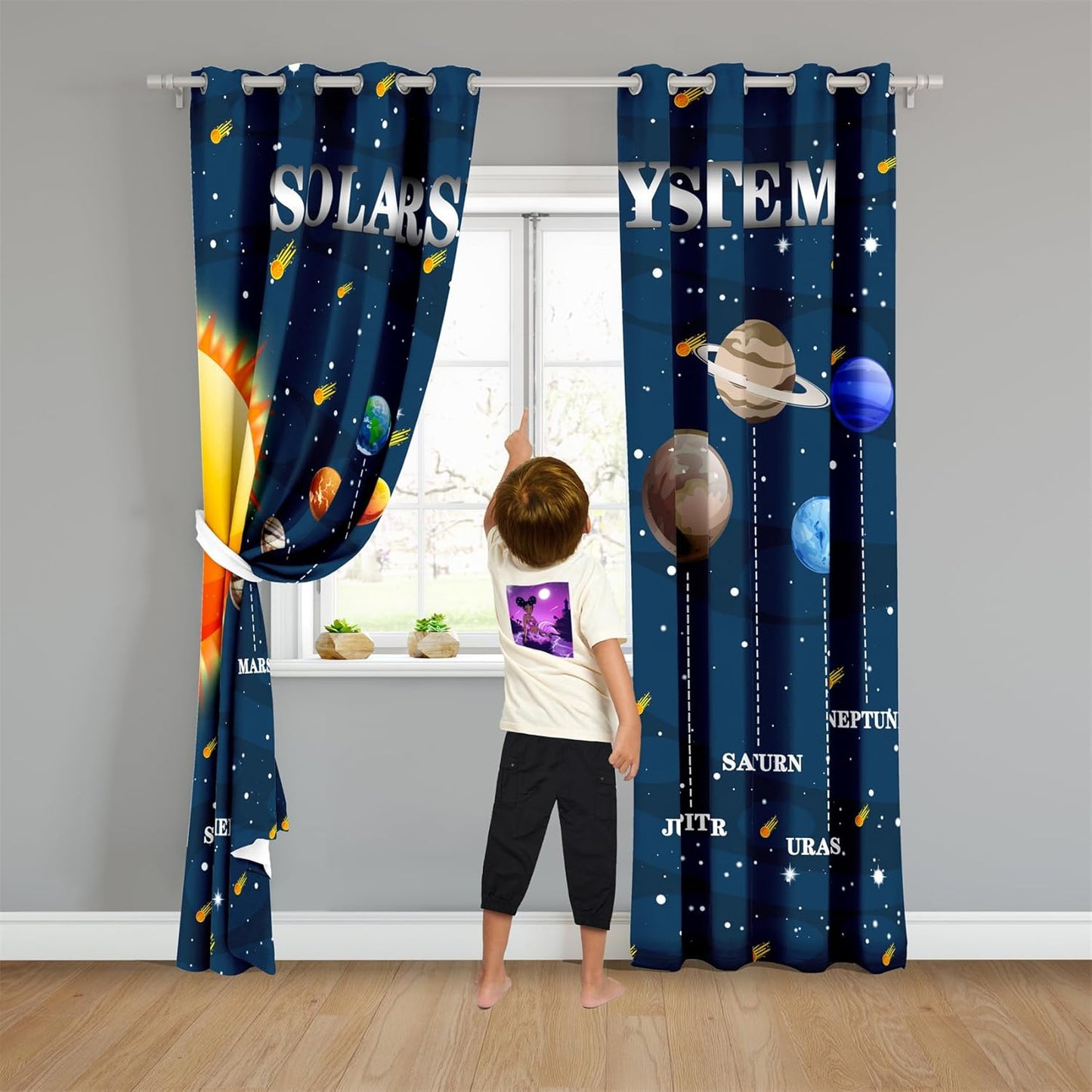 Solar System Curtain Panels - 2Pcs 95% Blackout Outer Space Curtains for Boys Bedroom Grommet Room Darkening Galaxy Planets Themed Curtains for Living Room, 82" x 84"