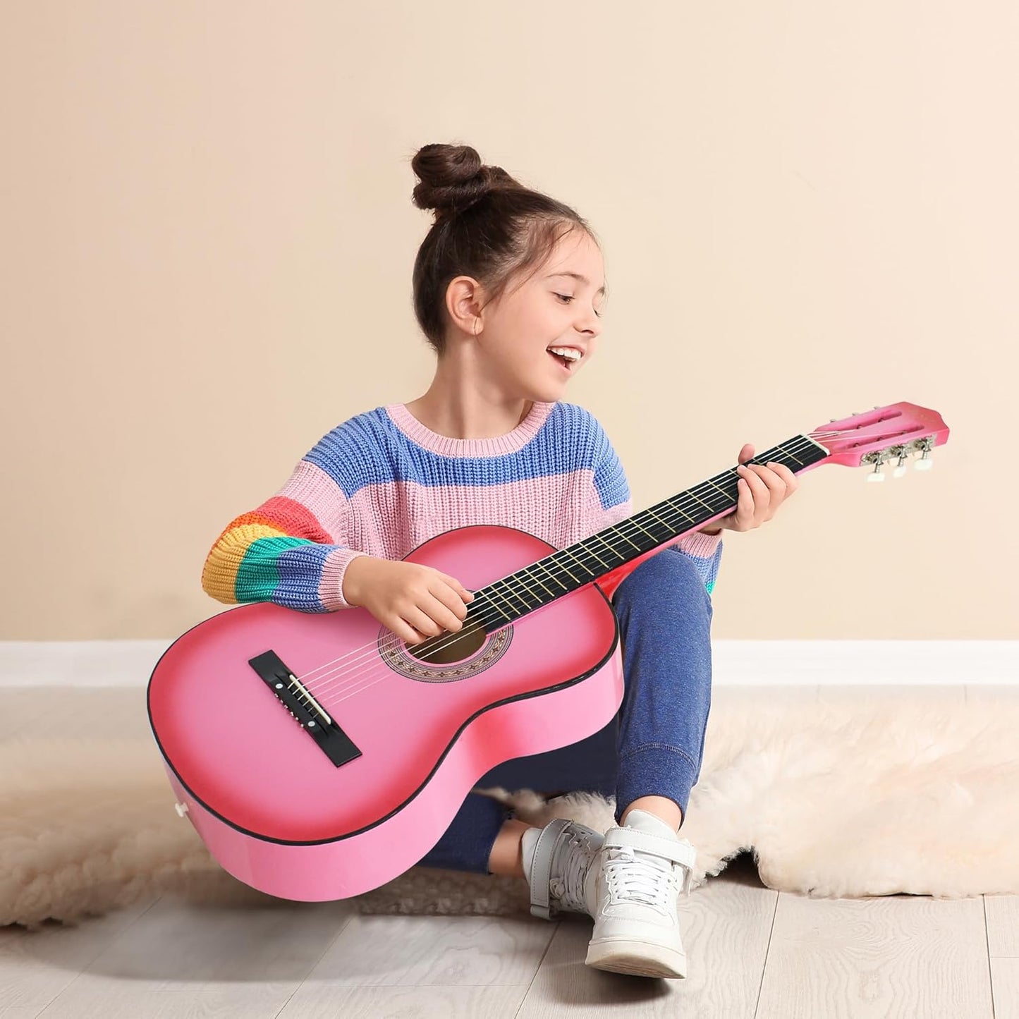 ZENY Beginners 38 inch Acoustic Guitar Package Kit for Right-handed Starters Kids Music Lovers w/Case, Strap, Pitch Pipe and Pick (Pink)