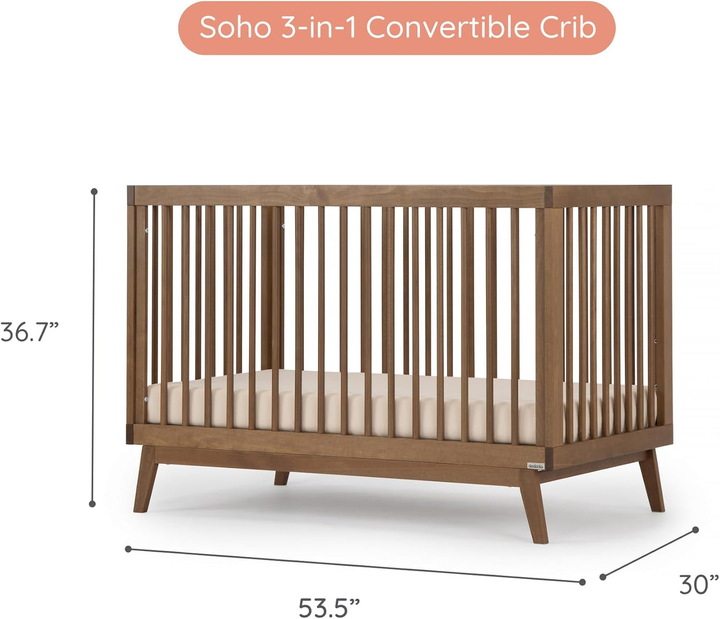 dadada Baby Soho 3-in-1 Convertible Wooden Crib to Toddler Bed - Made in Italy, GREENGUARD Gold Certified, Baby-Safe Finish, Sustainable Beech Wood, Modern Design, 3 Adjustable Heights (Walnut)