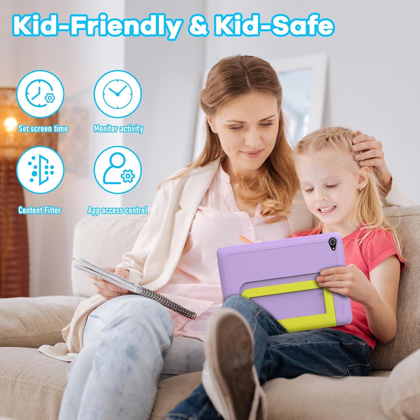 Kids Tablet｜Upgraded Android 14 Tablet 10 inch for Kids with Protective Case｜Octa-Core｜64GB｜1TB TF Card Expandable｜Dual Camera｜Parental Control｜Great Gift for Toddler(Purple)