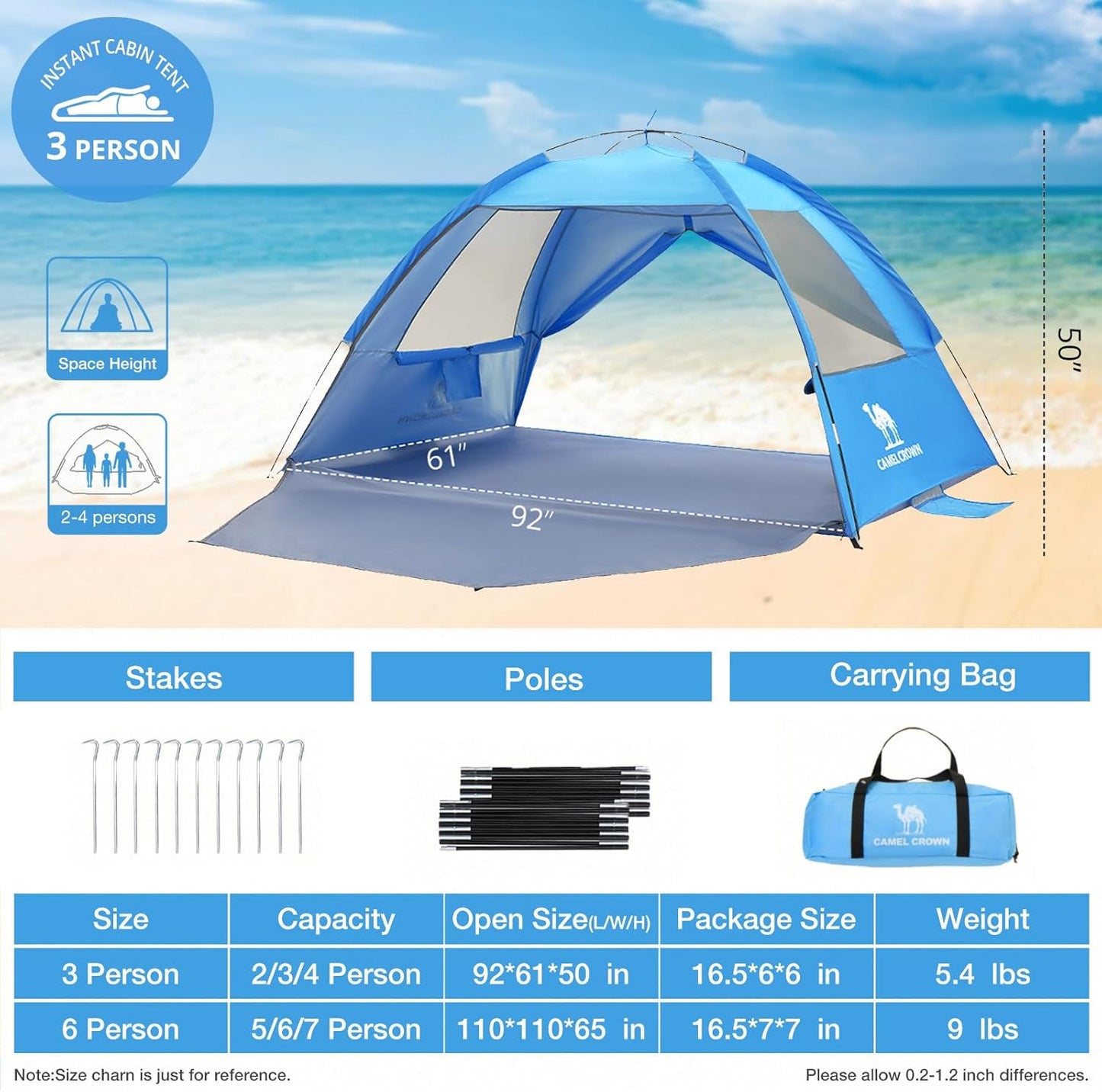 CAMEL CROWN Beach Tent UPF 50+ Sun Shelter for 2/3/5/6 Person, Lightweight Portable Sun Shade with Sand Anchor, Family Beach Day & Outdoor Adventures
