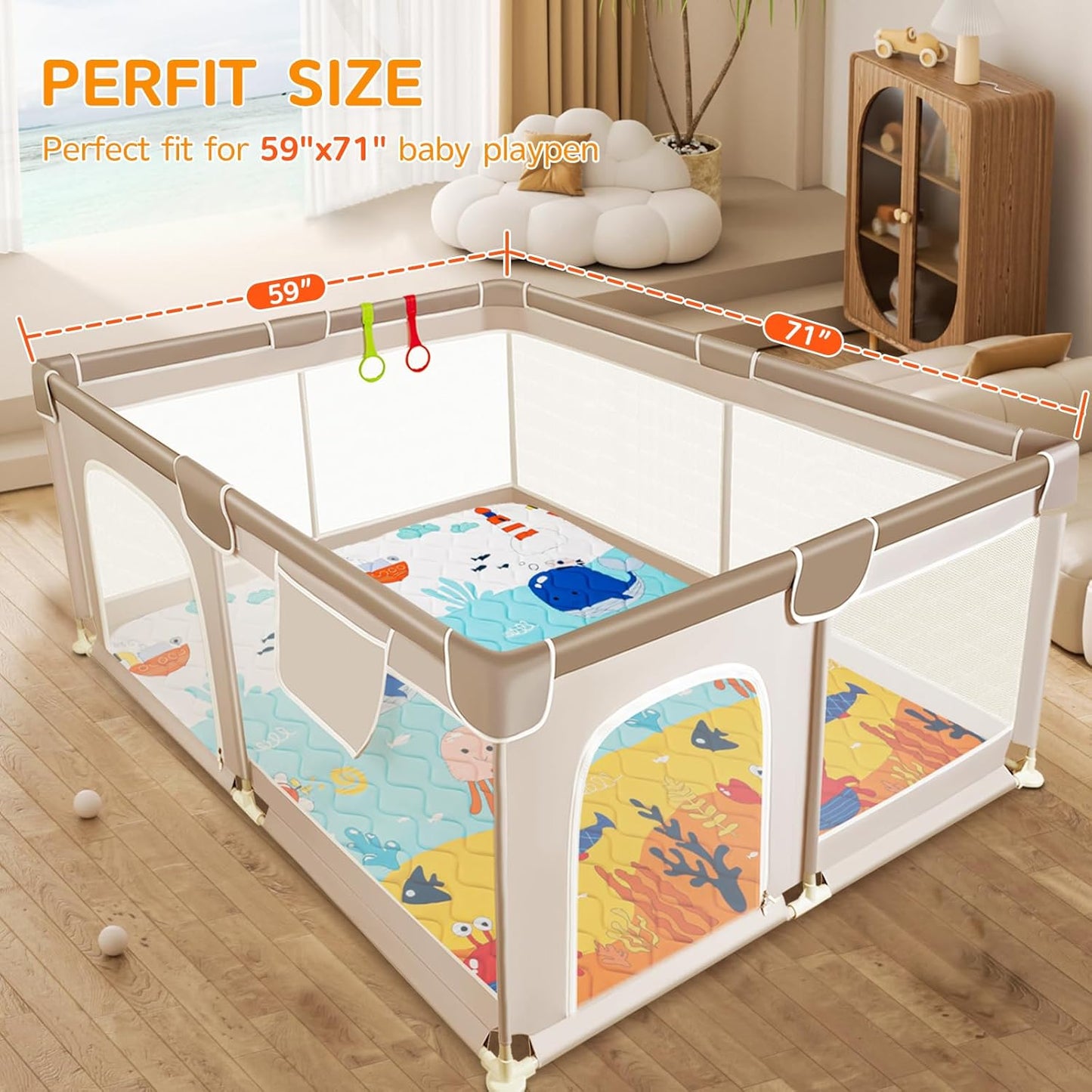 Baby Play Mat - Thicken 71x59 Inch Soft Foam Crawling Mat for Playpen & Floor, Non-Slip Waterproof Playmats for Infants & Toddlers, Portable Foldable & Machine Washable, Ocean World