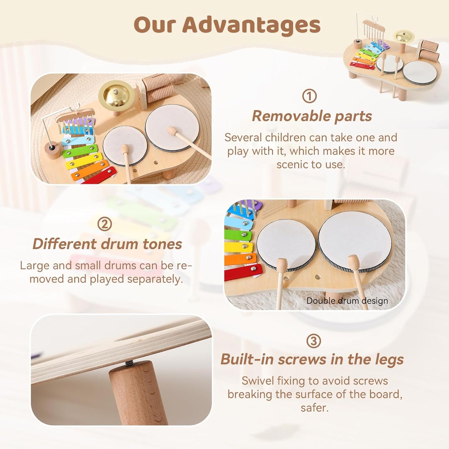 Promise Babe Wooden Musical Instruments for Toddlers 1-3, Percussion Instruments for Kids Baby Drum Set Xylophone, Montessori Educational Musical Toys, Gifts for Girls Boys Ages 3+