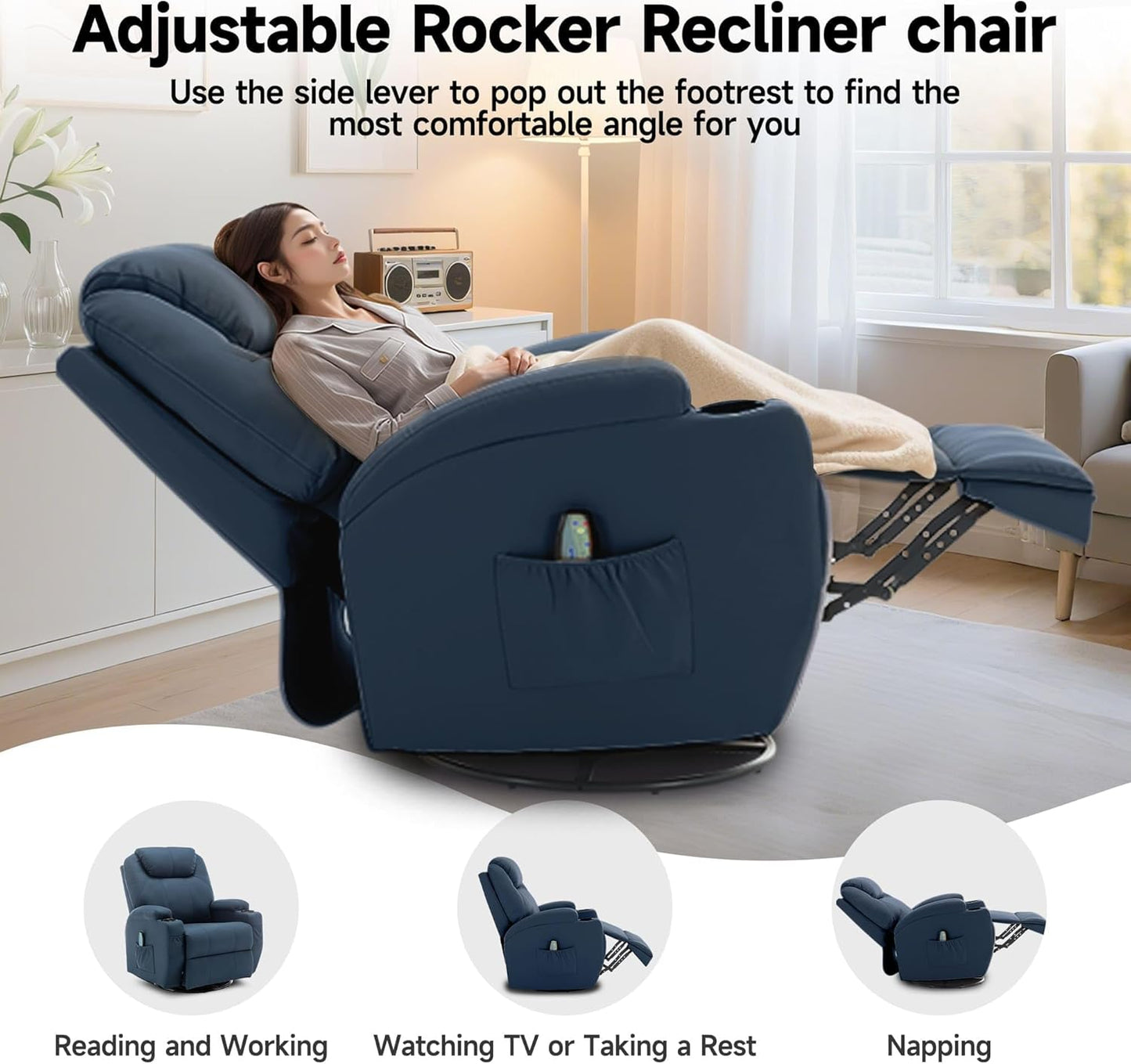 Recliner Chair, Rocking Chair with Heat and Massage, Swivel Recliner Chairs for Adults, Rocker Manual Recliner with Remote Control and Cup Holder for Living Room, Bedroom
