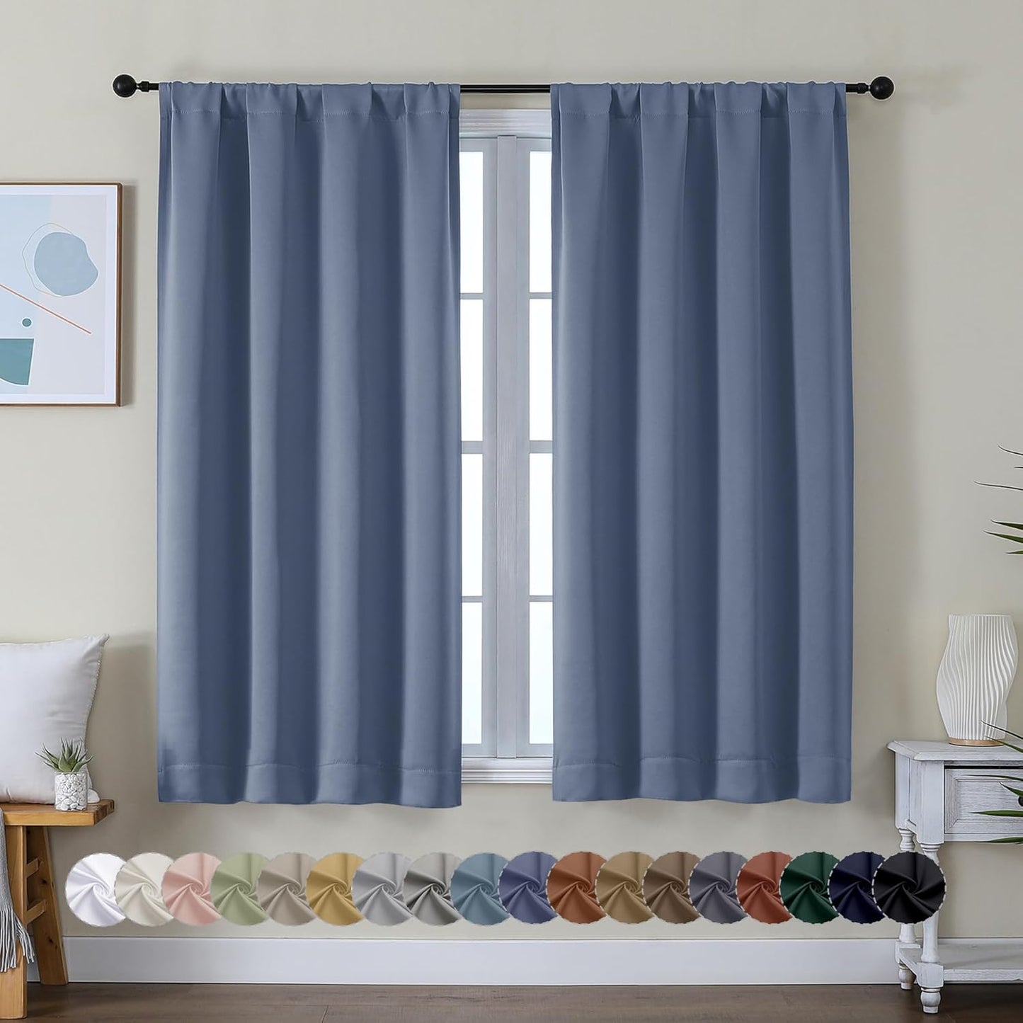 Simplebrand Ava Denim Blue Short Blackout Curtains for Bedroom 54 Inches Long 2 Panels Set, Solid Thermal Insulated, Energy Saving Window Treatment Curtains Blackout Drapes, W40 x L54 Inch, Denim Blue