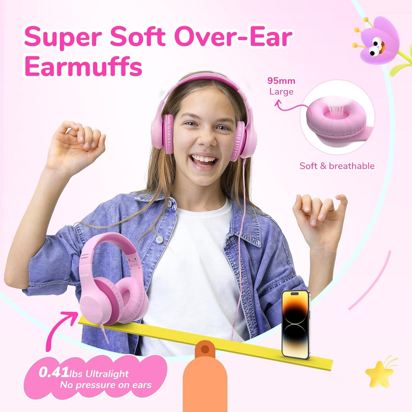 EarFun K3 Kids Headphones, Over Ear Headphones for Kids, Volume Limit, HD Stereo Sound, USB-C Cable, Comfortable Fit, Foldable Wired Headphones for School/Travel/Boys/Girls/Tablet/iPad, Pink