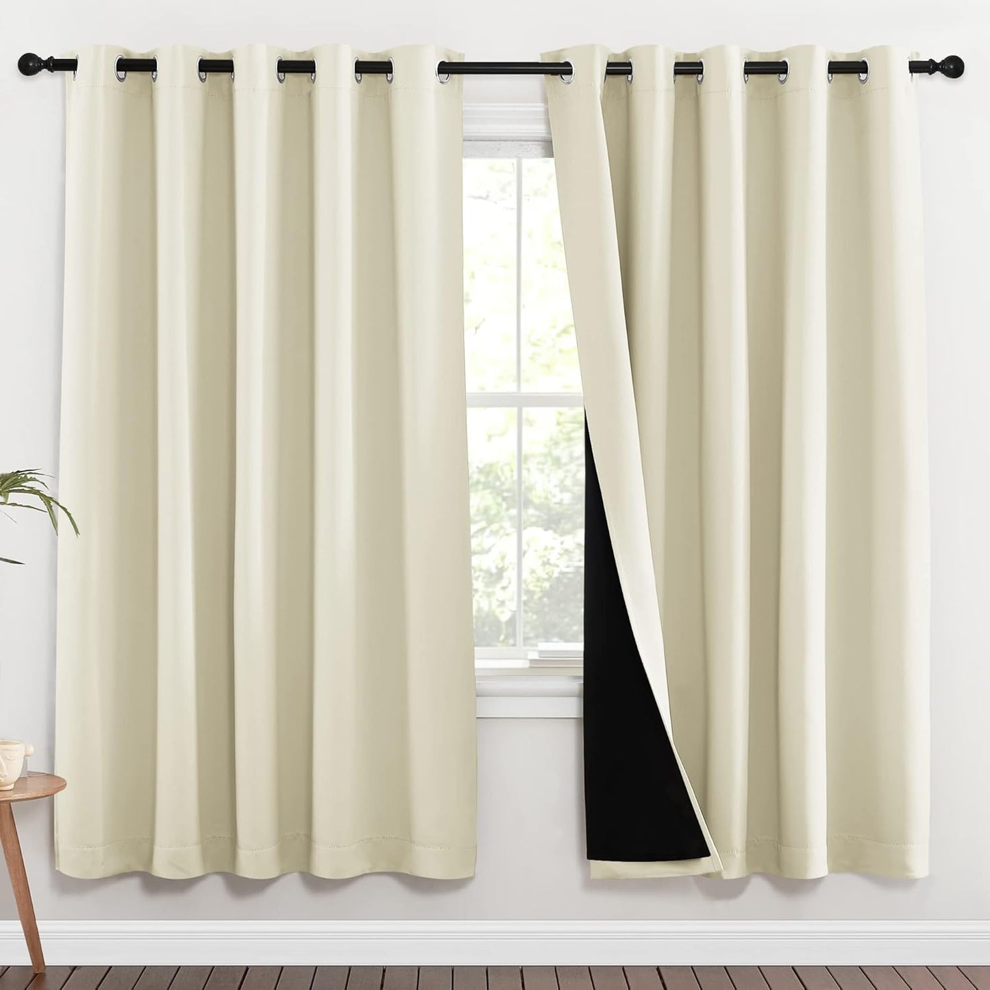 NICETOWN Living Room Completely Shaded Draperies, Privacy Protection & Noise Reducing Ring Top Drapes, Black Lined Insulated Window Treatment Curtain Panels (Beige, 2 Pieces, W70 x L72)