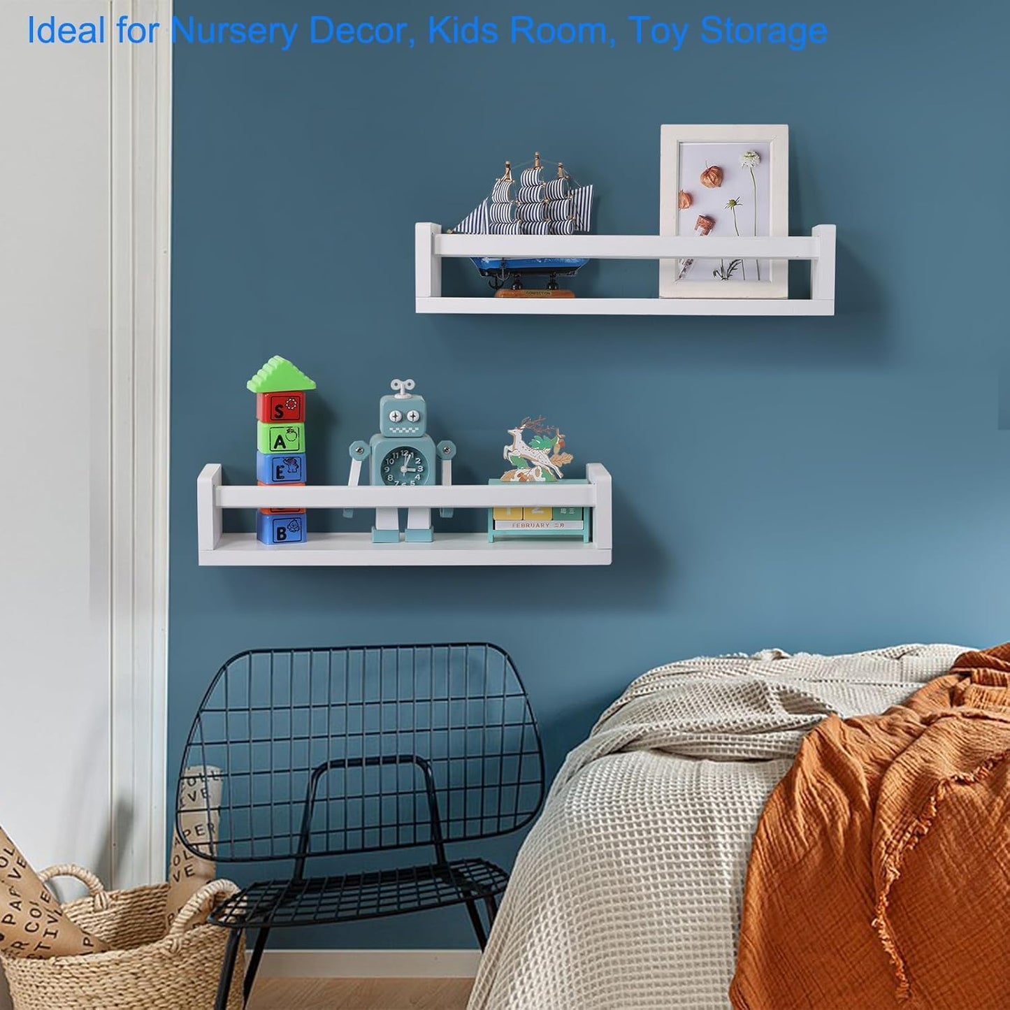 Nursery Book Shelves | Set of 2 Wood Floating Shelves for Kids Room, Kitchen Spice Rack, or Rustic Wall Mounted | Farmhouse Bathroom Décor (White)