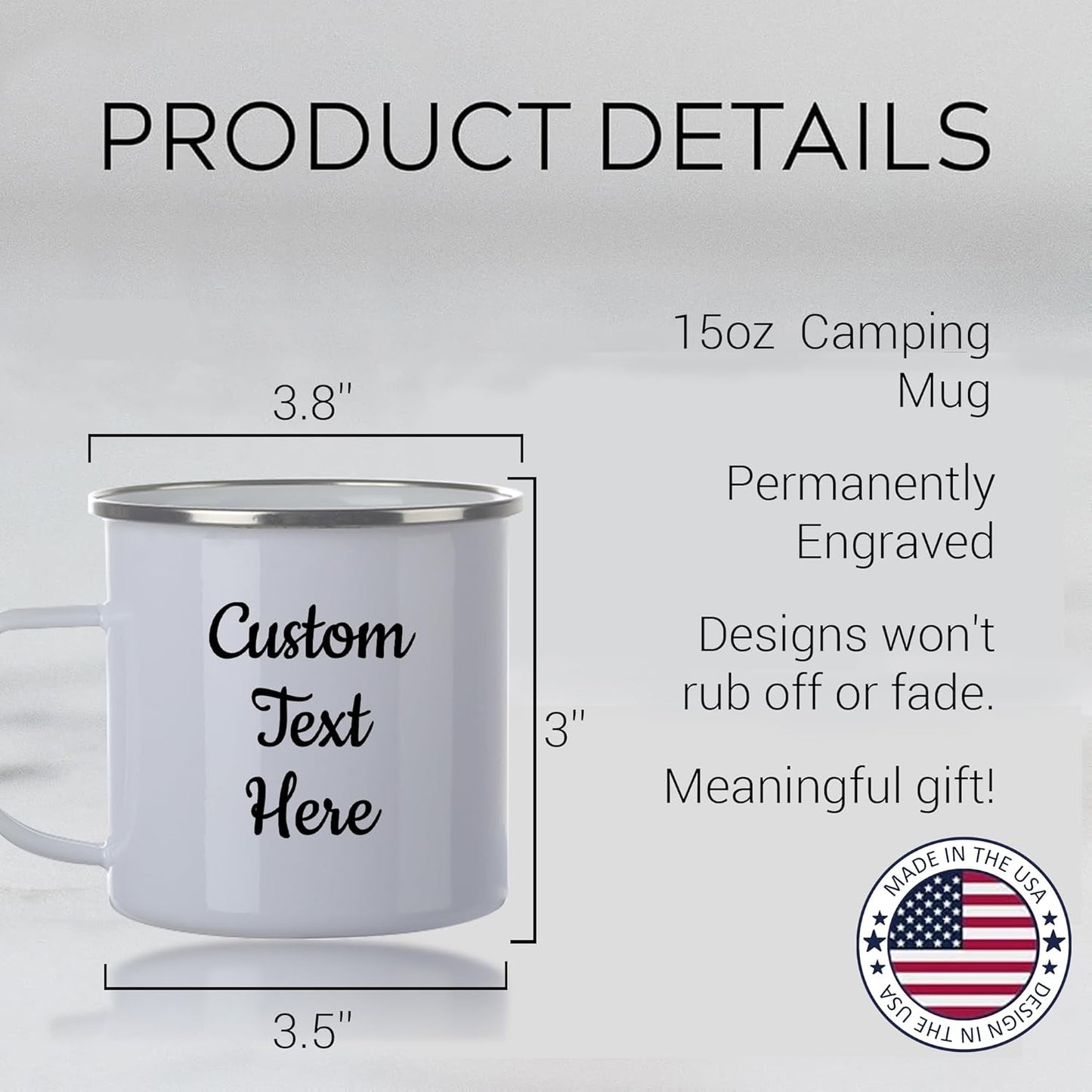 Custom Camping Mug, Personalized Stainless Steel Coffee Mugs With Text, 15oz Metal Campfire Cups, Travel Cup for Hot Chocolate, Tea, Engraved Gifts for Men, Women (Engraved Custom Text, White Metal)