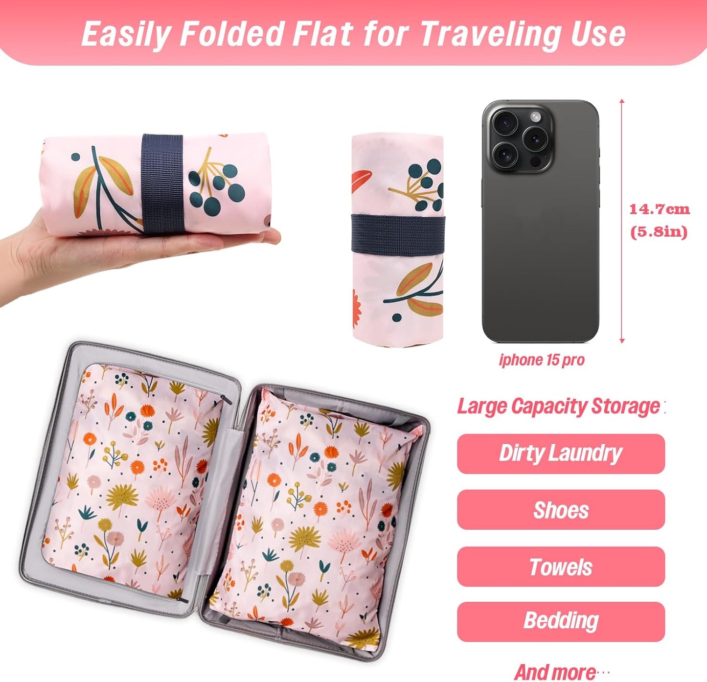 MissBoy Laundry Bags, 2 Pack Waterproof Travel Laundry Bag, Reusable and Washable Dirty Clothes Storage Bag with Zip Closure for Home, Travel, Camping, Caravan, Dormitory, 24"x17"