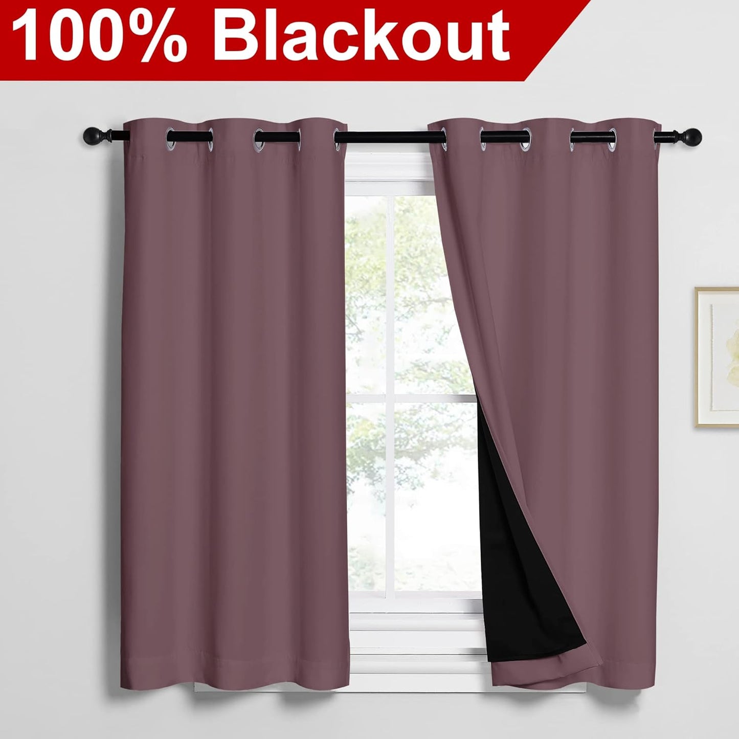 NICETOWN 100% Blackout Curtains 54 inches Long, Double-Deck Completely Blackout Window Treatment Thermal Insulated Lined Drapes for Small Window (Dry Rose, 1 Pair, 42 inches Width Each Panel)