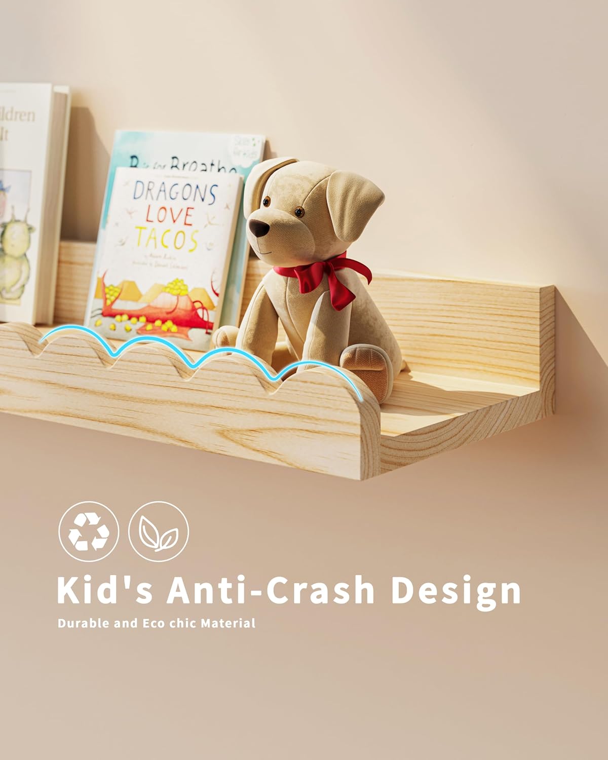 Nursery Book Shelves, 4-Pack Wood Floating Shelves for Wall Kids, Scalloped Shelves, Wall Book Shelves for Bedroom Kids, Toddler Room, Baby Room, Nursery Decor(Wood, 16.5 Inches)