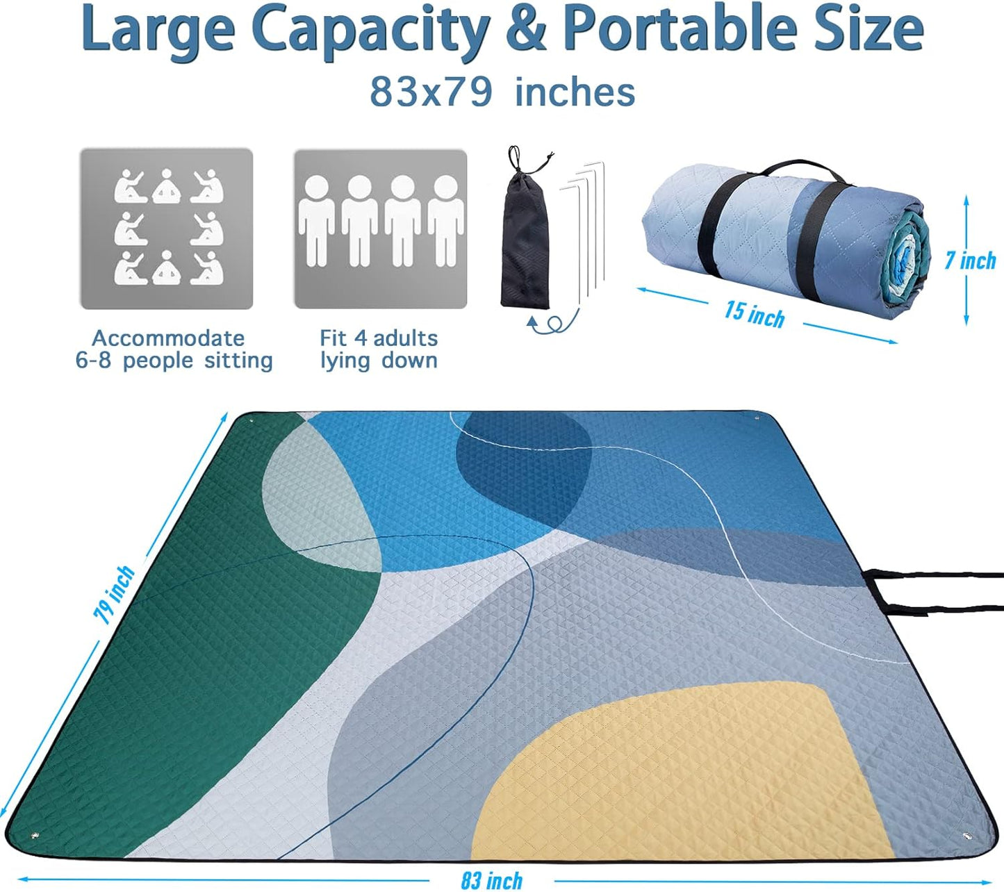 PY SUPER MODE Picnic Blankets Extra Large, Waterproof Foldable Outdoor Beach Blanket Oversized 83x79” Sandproof, 3-Layer Picnic Mat for Camping, Hiking, Travel, Park, Concerts(Abstract Blue)
