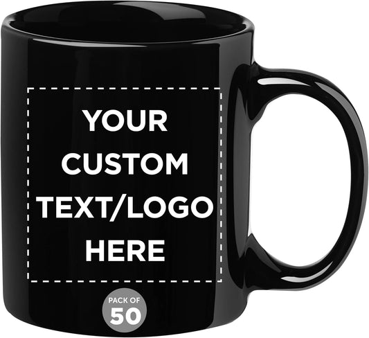 Custom Ceramic Coffee Mugs 11 oz. Set of 50, Personalized Bulk Pack - Coffee cup set, Iced coffee cup, Gaming mug - Black
