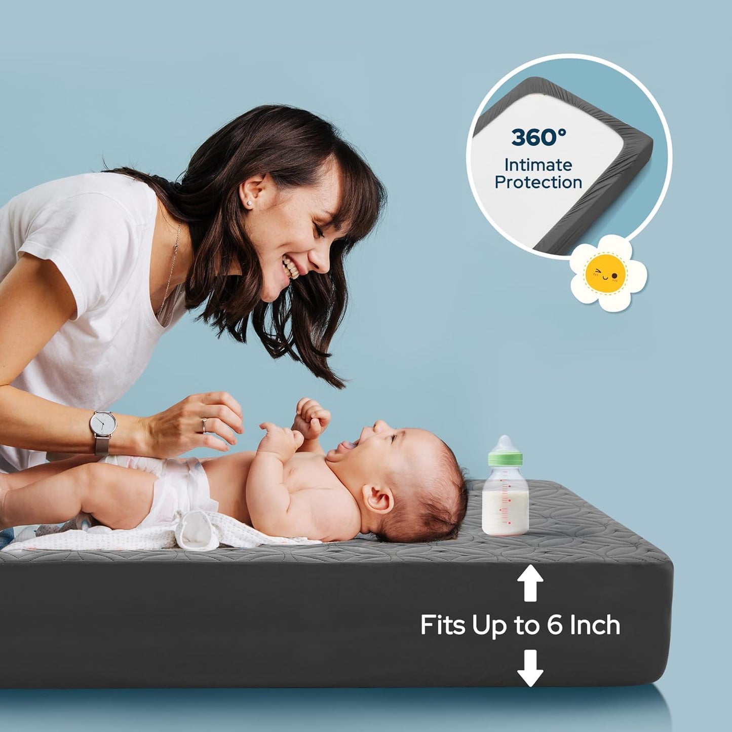 Waterproof Crib Mattress Protector 2 Pack, Soft and Breathable Crib Mattress Pad Cover, Noiseless Machine Washable Toddler Mattress Protector for Standard Baby Toddler Bed (52''x28'',Gray)