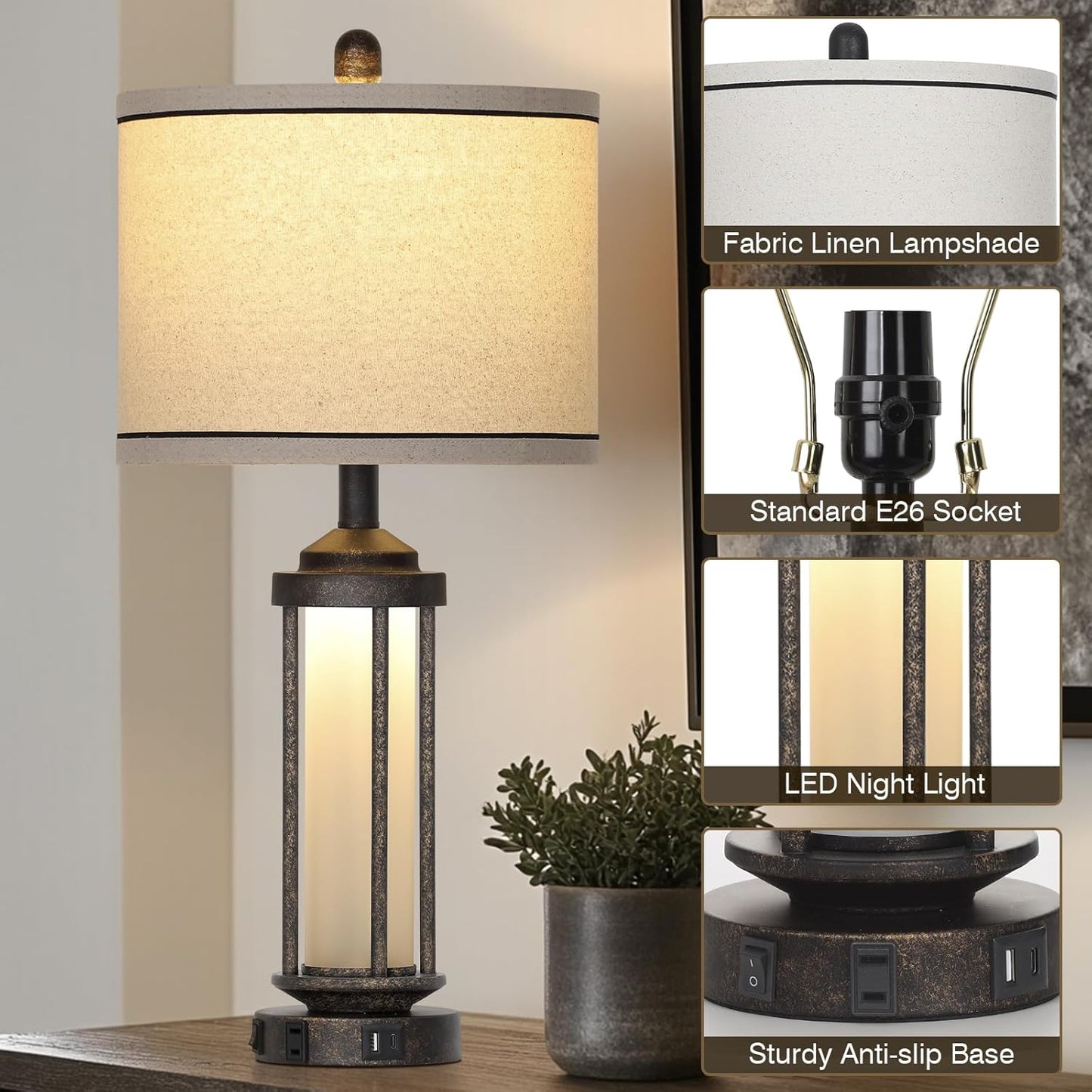 27" Industrial Farmhouse Table Lamp, Vintage Rustic Beside Lamp with USB A+C Charging Ports & AC Outlet, Modern Single Table Lamp with Frosted Glass Night Light for Bedrooms Nightstand Bronze