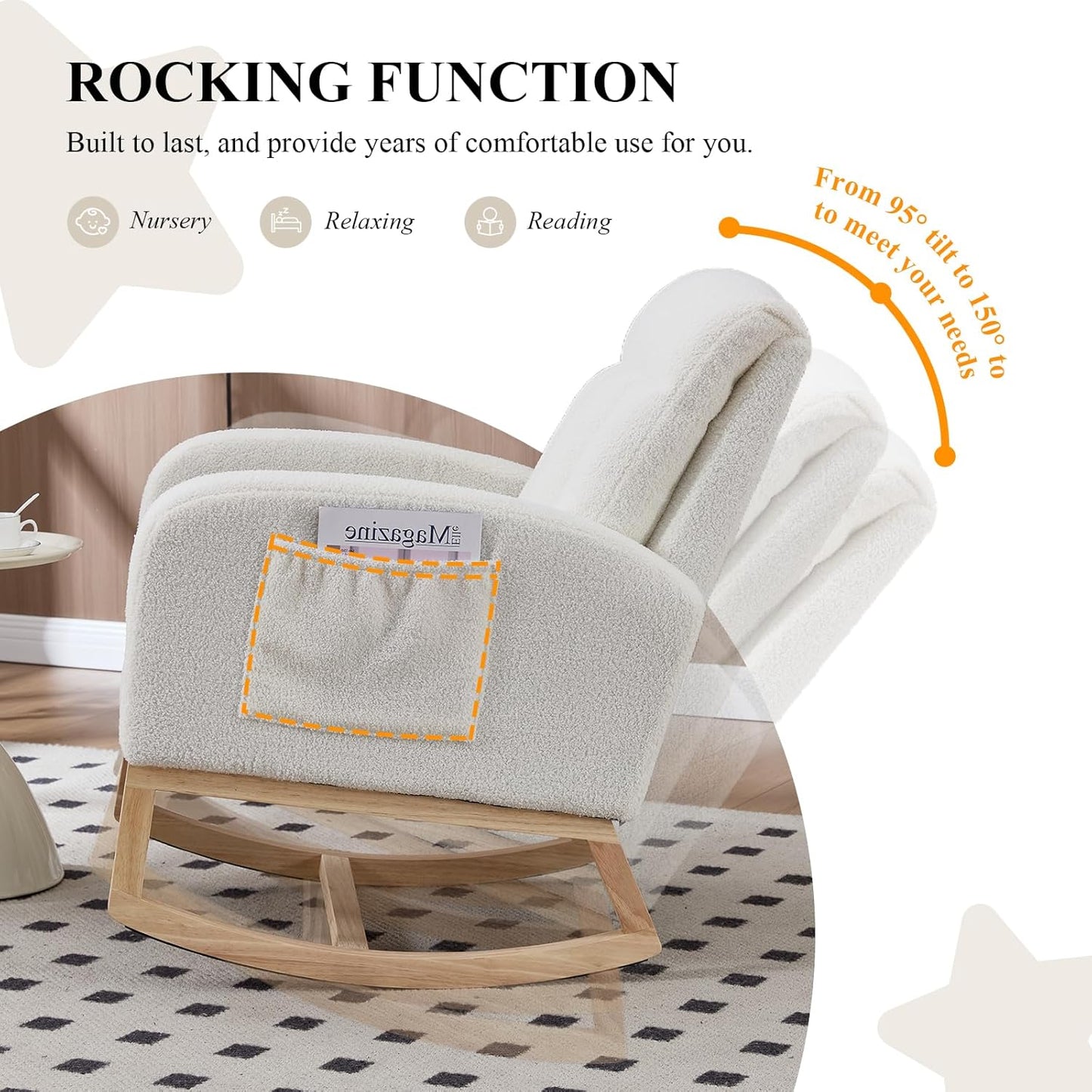 NIOIIKIT Nursery Rocking Chair, Teddy Upholstered Glider Chair with Side Pocket, Glider Rocker Chair with Tufted Back, Comfy Accent Nursing Chair for Living Room (White Modern)