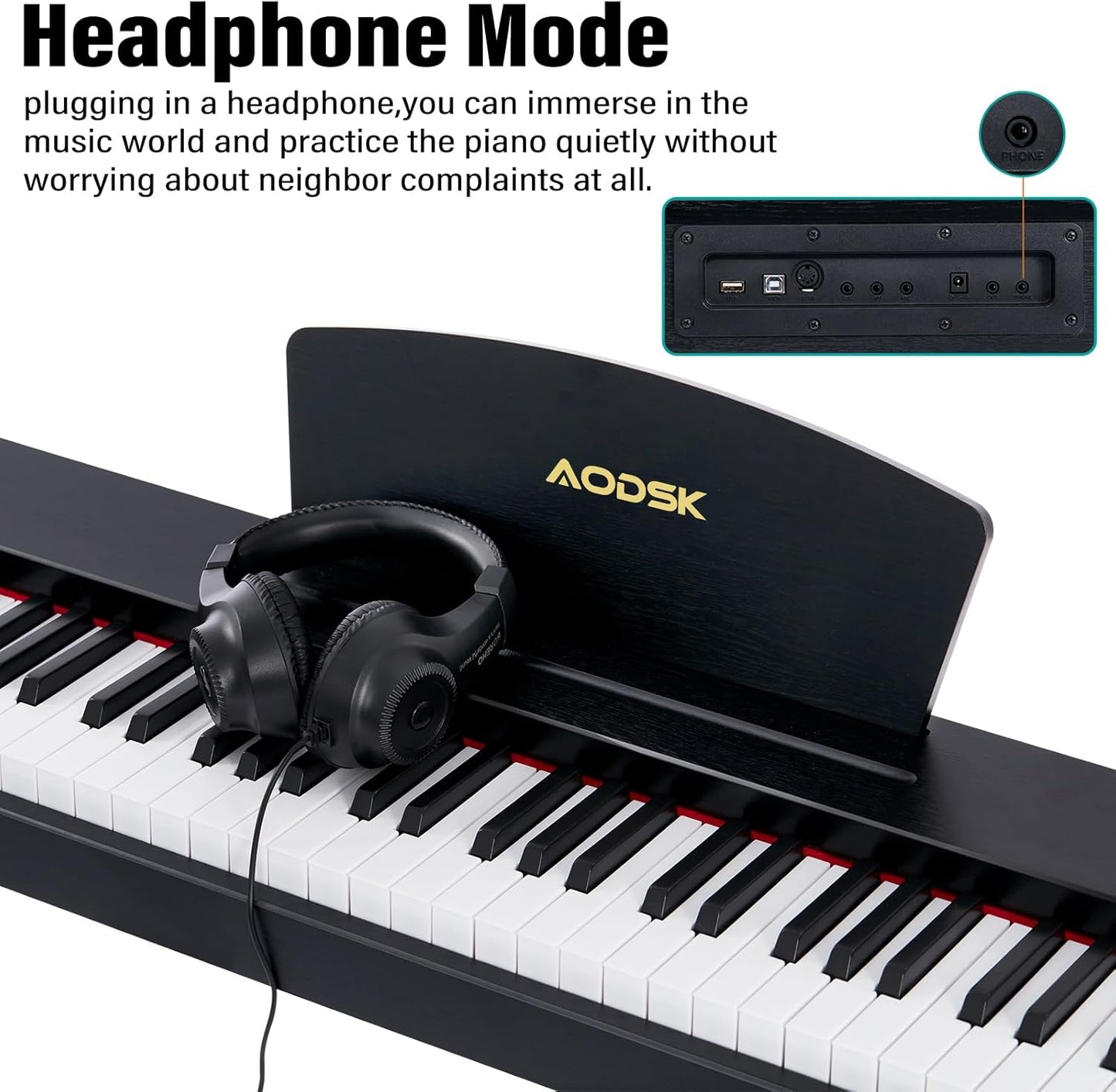 AODSK Beginner Digital Piano 88 Key Keyboard,Full-size Electric Piano for Beginners,with Sheet Music Stand,Pedal,Power Adapter,Headphone Mode,USB-MIDI,Piano Lessons,Black,-Comes with headphones