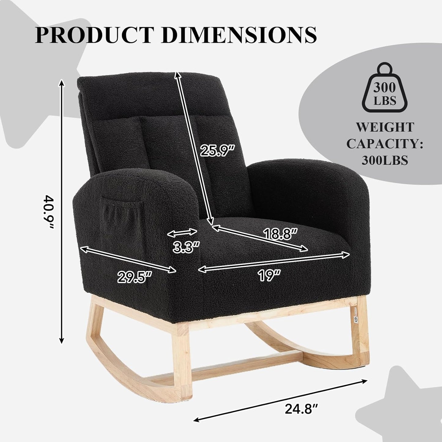 NIOIIKIT Nursery Rocking Chair, Teddy Upholstered Glider Chair with Side Pocket, Glider Rocker Chair with Tufted Back, Comfy Accent Nursing Chair for Living Room (Black Modern)