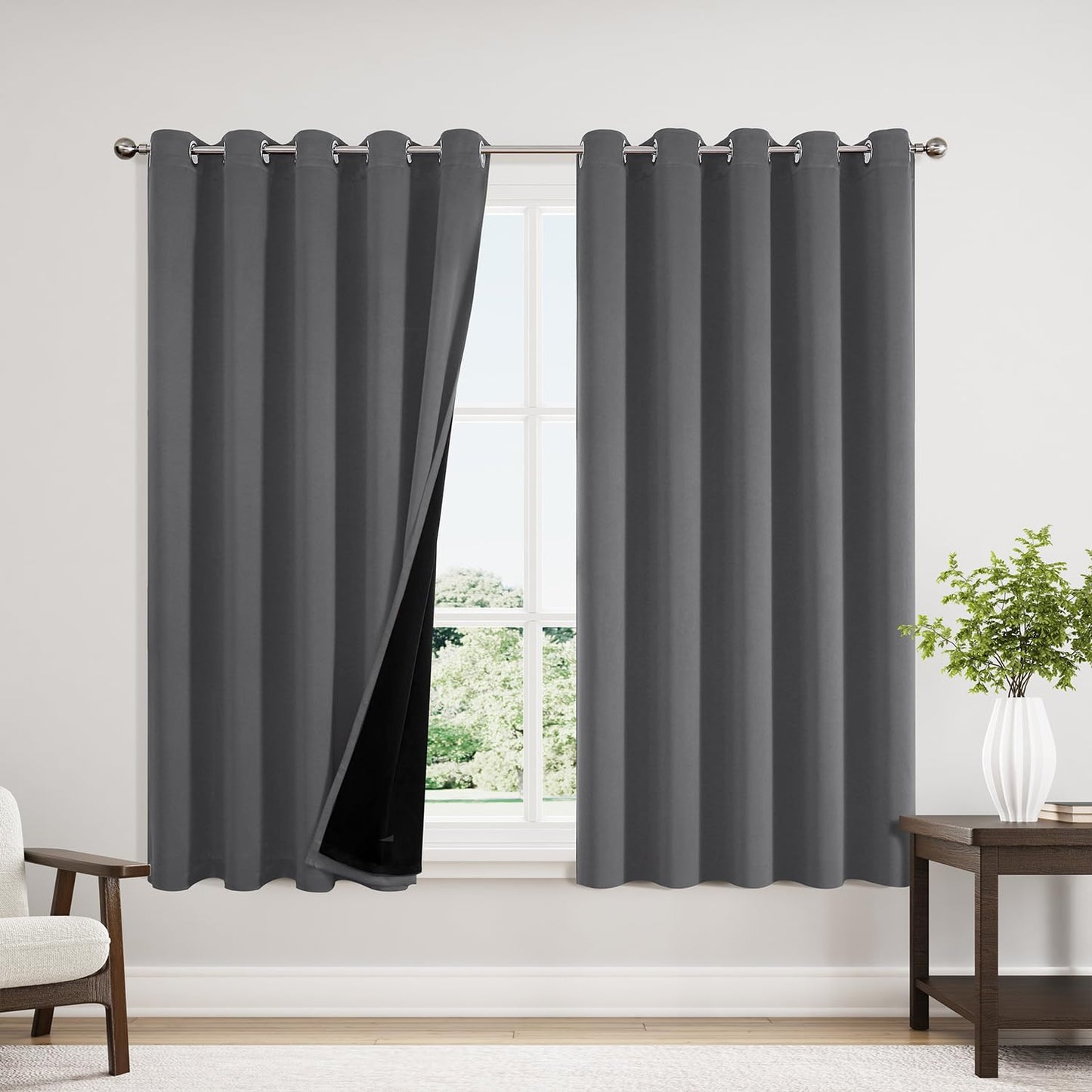 ChrisDowa 100% Blackout Curtains 63 inch Long for Bedroom with Black Liner, Extra Wide 2 Thick Layers Total Blackout Thermal Insulated Grommet Window Curtains 2 Panels Set (Grey, 60 x 63 Inch)