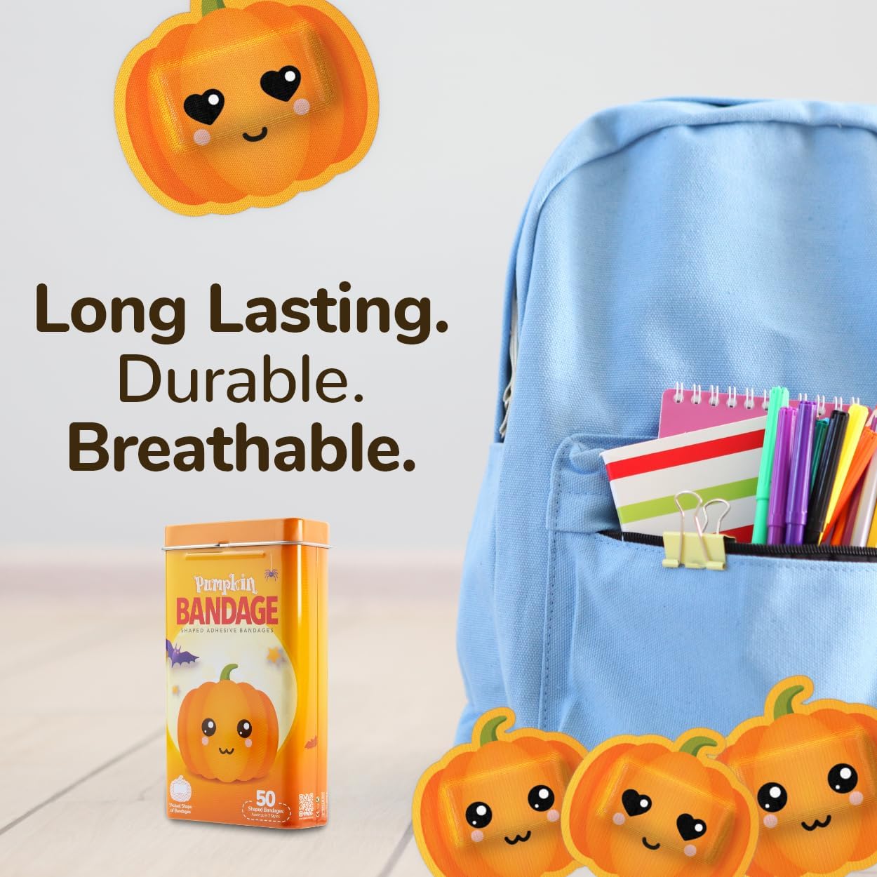 BioSwiss Bandages, Halloween Pumpkin Shaped Self Adhesive Bandage, Latex Free Sterile Wound Care, Fun First Aid Kit Supplies for Kids, 50 Count