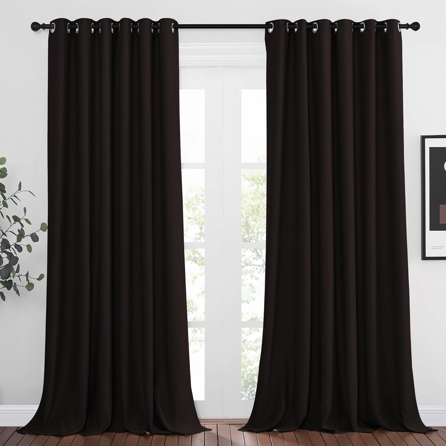NICETOWN Toffee Brown Curtain Panels - Home Decoration Thermal Insulated Solid Grommet Blackout Curtains/Drapes for Hall/Sliding Door (80" Wide by 108" Long, Black, Set of 2)