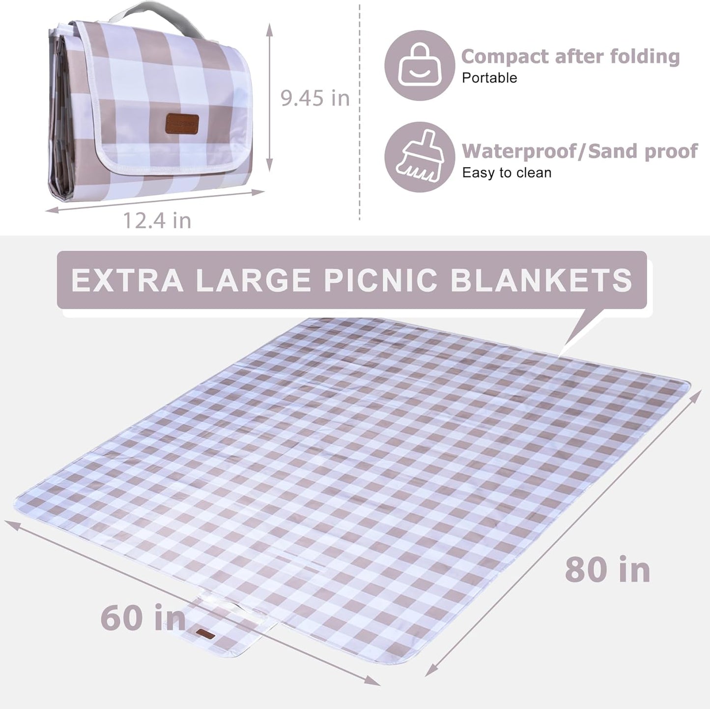 80"x60" Waterproof Sandproof Picnic Mat - Portable Foldable Outdoor Blanket for Beach, Park, Travel & Indoor Use - Lightweight Compact Design, Easy-Carry (Light Brown)