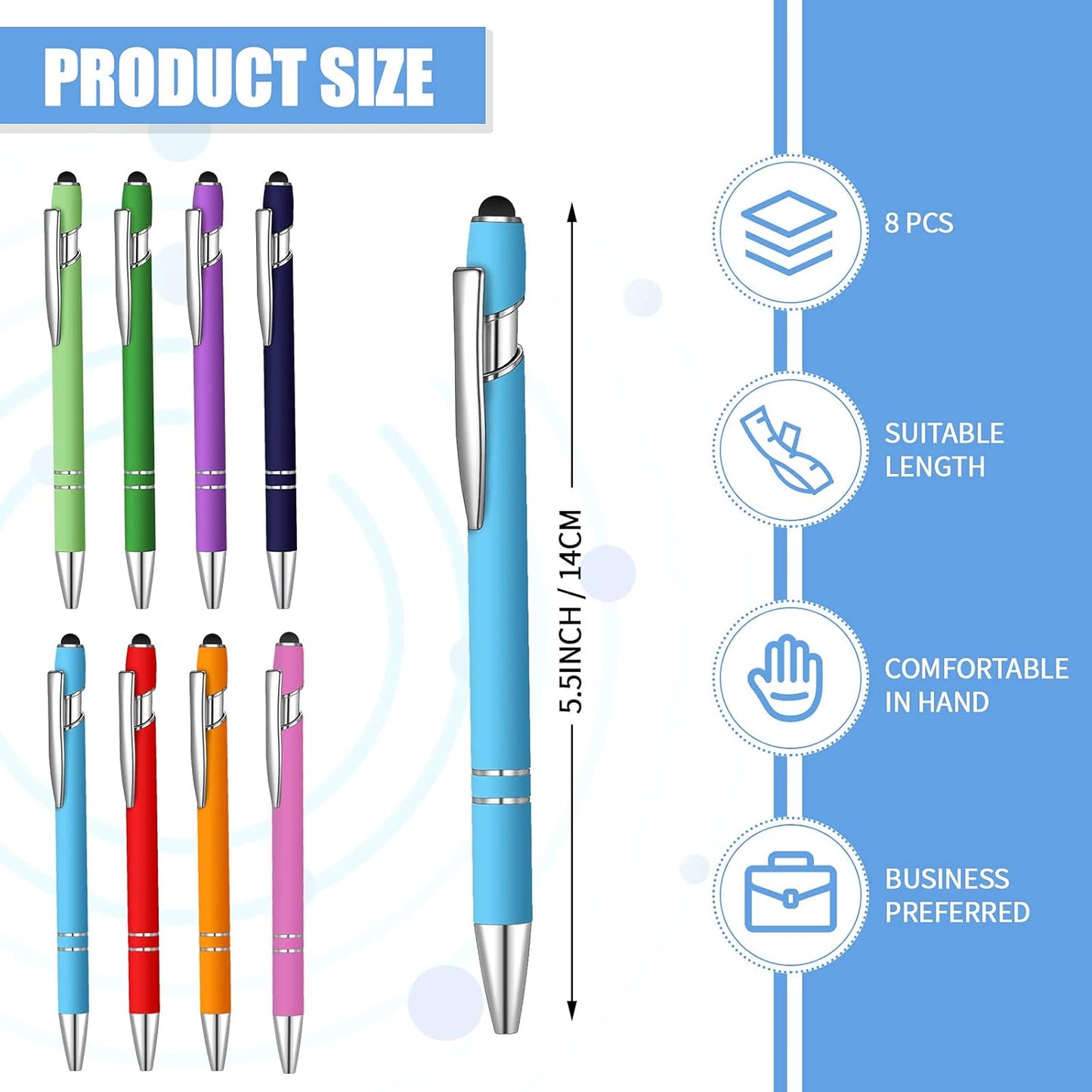 8 Pieces Ballpoint Pen with Stylus Tip Black Ink 2 in 1 Stylus Metal 1.0 mm Medium Point Smooth Pen Rainbow Colorful Rubberized Ballpoint for Touch Screen Tablet(Rainbow Color)