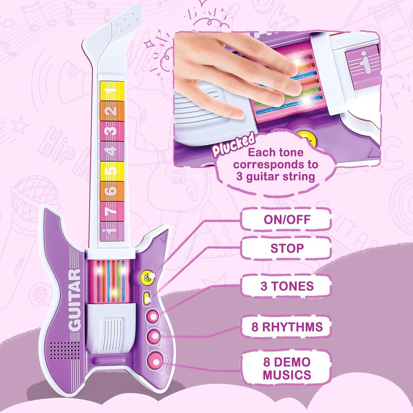 deAO Kids Guitar and Microphone Set with Stand Adjustable Height Music Light Karaoke Music Toys Christmas Birthday Gift for Kids Boys Girls (Purple)