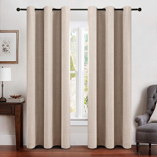 MIULEE Linen Texture Curtains Soild 100% Blackout Thermal Insulated Natural Beige Grommet Room Darkening Curtains & Drapes for Living Room Bedroom Nursery 42 x 90 (2 Panels)