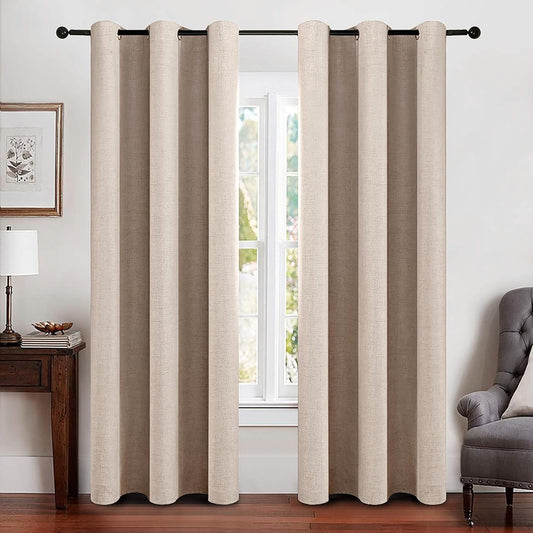 MIULEE 100% Blackout Linen Texture Curtains Soild Thermal Insulated Natural Beige Curtains Grommet Room Darkening Curtains & Drapes for Living Room Bedroom Nursery 42 x 84 (2 Panels)