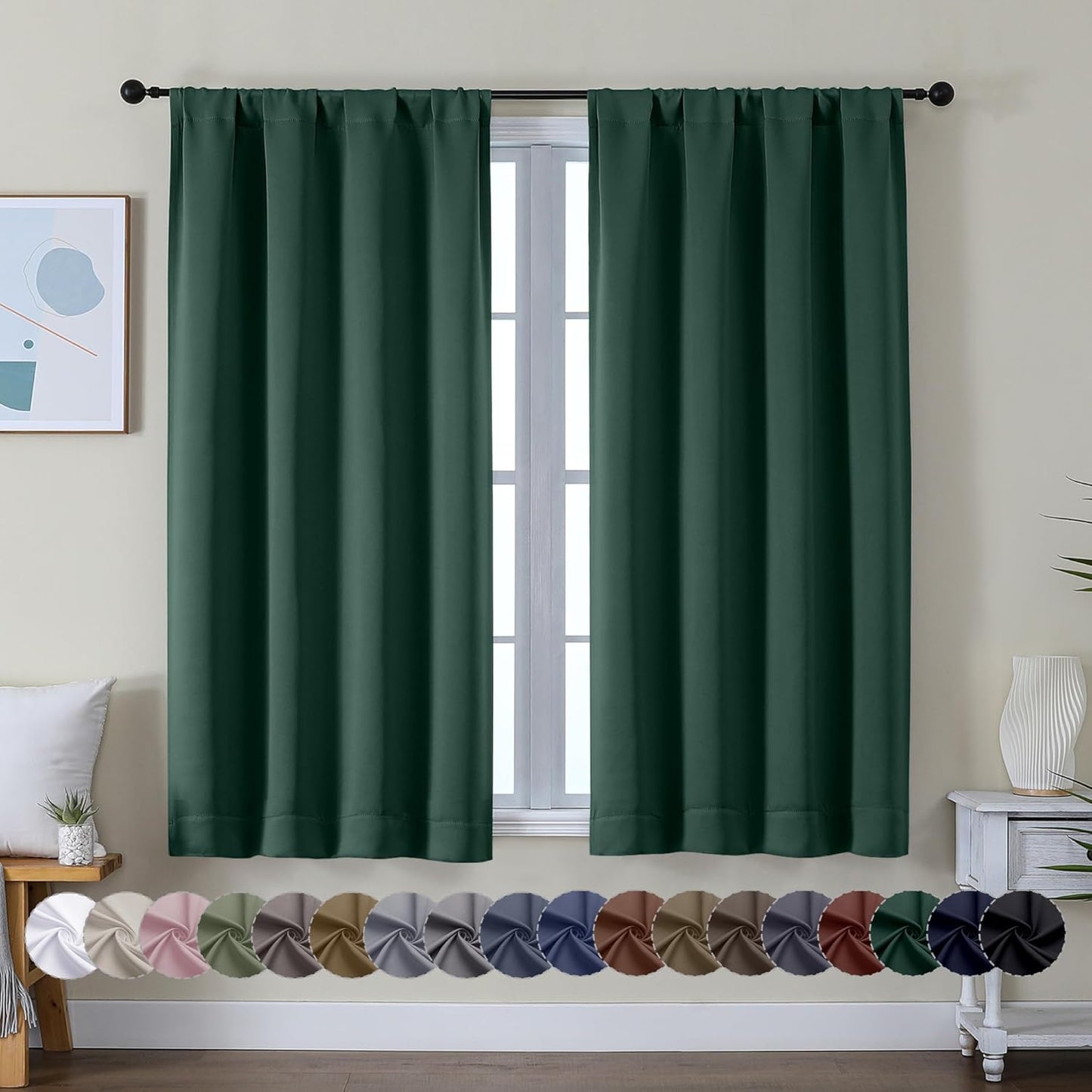 Simplebrand Ava Ever Green Short Blackout Curtains for Bedroom 45 Inches Long 2 Panels Set, Solid Thermal Insulated, Energy Saving Window Treatment Curtains Blackout Drapes, W40 x L45 Inch, Ever Green