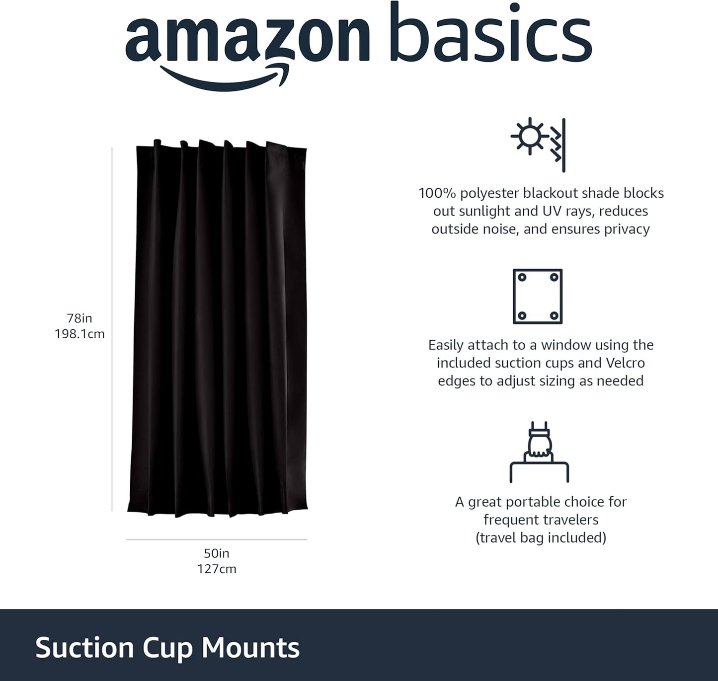 Amazon Basics Portable Blackout Curtain Shade with Suction Cups, 50" W x 78"L, 1-Pack, Black