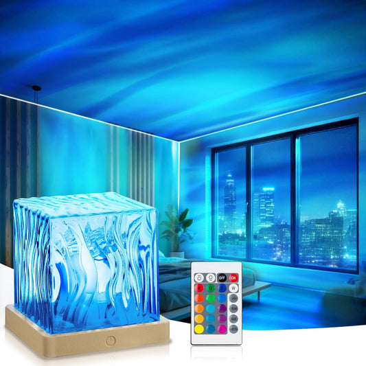 VoMii Northern Lights Projector,16 Colors Luminorthe Cube Lamp with Dynamic Wave Effect,Aurora Glow Lamp Ambient Lighting with Remote for Bed Room Classroom Decor