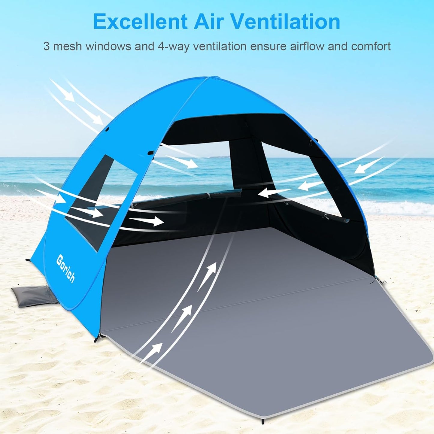 Gorich Easy Pop Up Beach Tent for 3-4 Person, UPF 50+ UV Protection Beach Umbrella Sun Shelter, Portable Lightweight Shade with Easy Foldable & Instant Setup