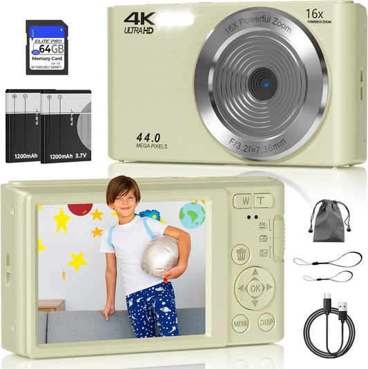 Digital Camera, FHD 4K 44MP Digital Camera, 16X Digital Zoom, Digital Point and Shoot Camera with 3-LED Fill Lights, 64GB SD Card, Compact Camera for Kids Teen Boys Girls, Cream