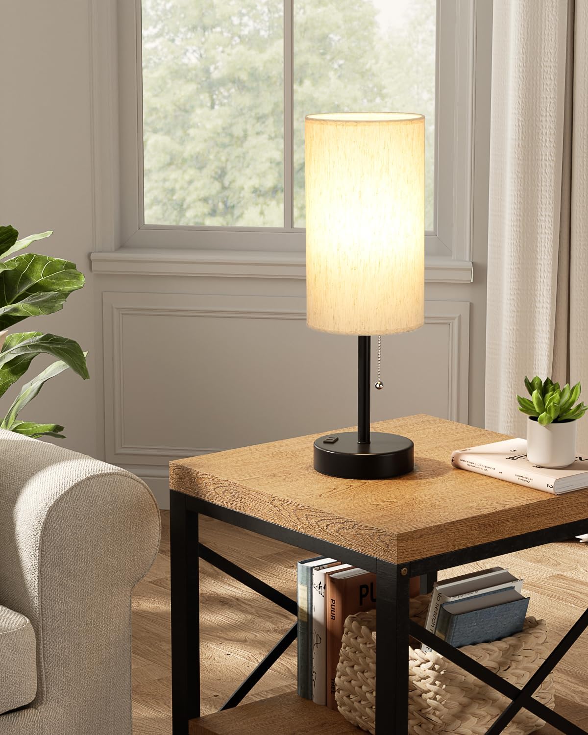 Plus Bedside Table Lamps Set of 2-3 Color Temperatures Pull Chain Lamp with AC Outlet Charging Port, Round Night Stand Lamps for Bedroom Guest Room Office, Bed Side Light with E26 LED Bulbs