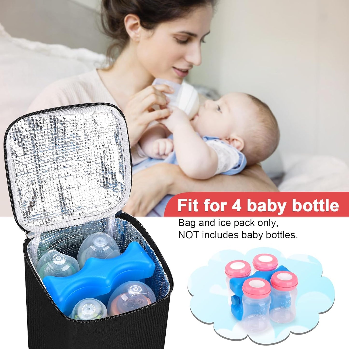Accmor Breastmilk Cooler Bag with Ice Pack, Baby Bottle Cooler Bags, Insulated Bottle Cooler Tote Bags On The Go, Fits 4 Large 8oz Bottles, for Nursing Mom Daycare Travel, Black