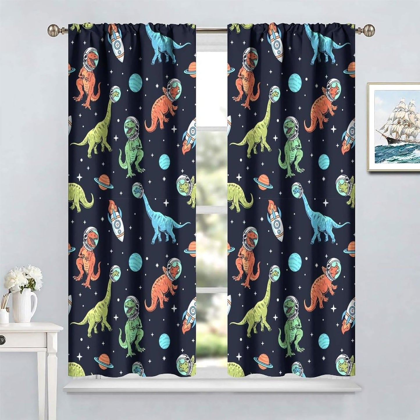 Cartoon Dinosaur Curtains for Kids Boys Girls Home Decor, Astronaut Rocket Funny Outer Space Blackout Rod Pocket Window Drapes for Bedroom Living Room W36xL63in 2 Panels