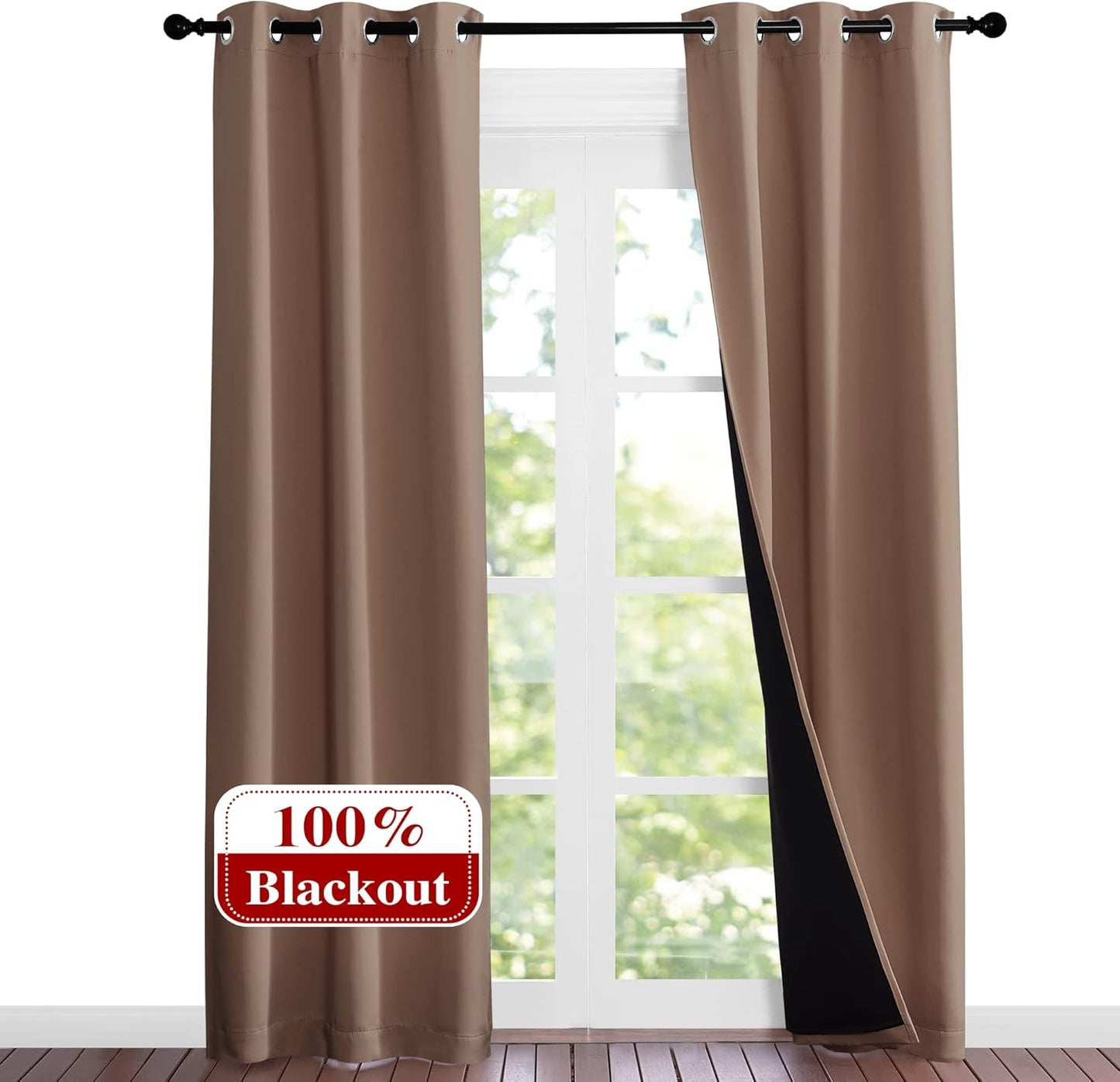 NICETOWN Living Room Completely Shaded Draperies, Privacy Protection & Noise Reducing Ring Top Drapes, Black Lined Insulated Window Treatment Curtain Panels(Cappuccino, 2 Pieces, W37 x L84)